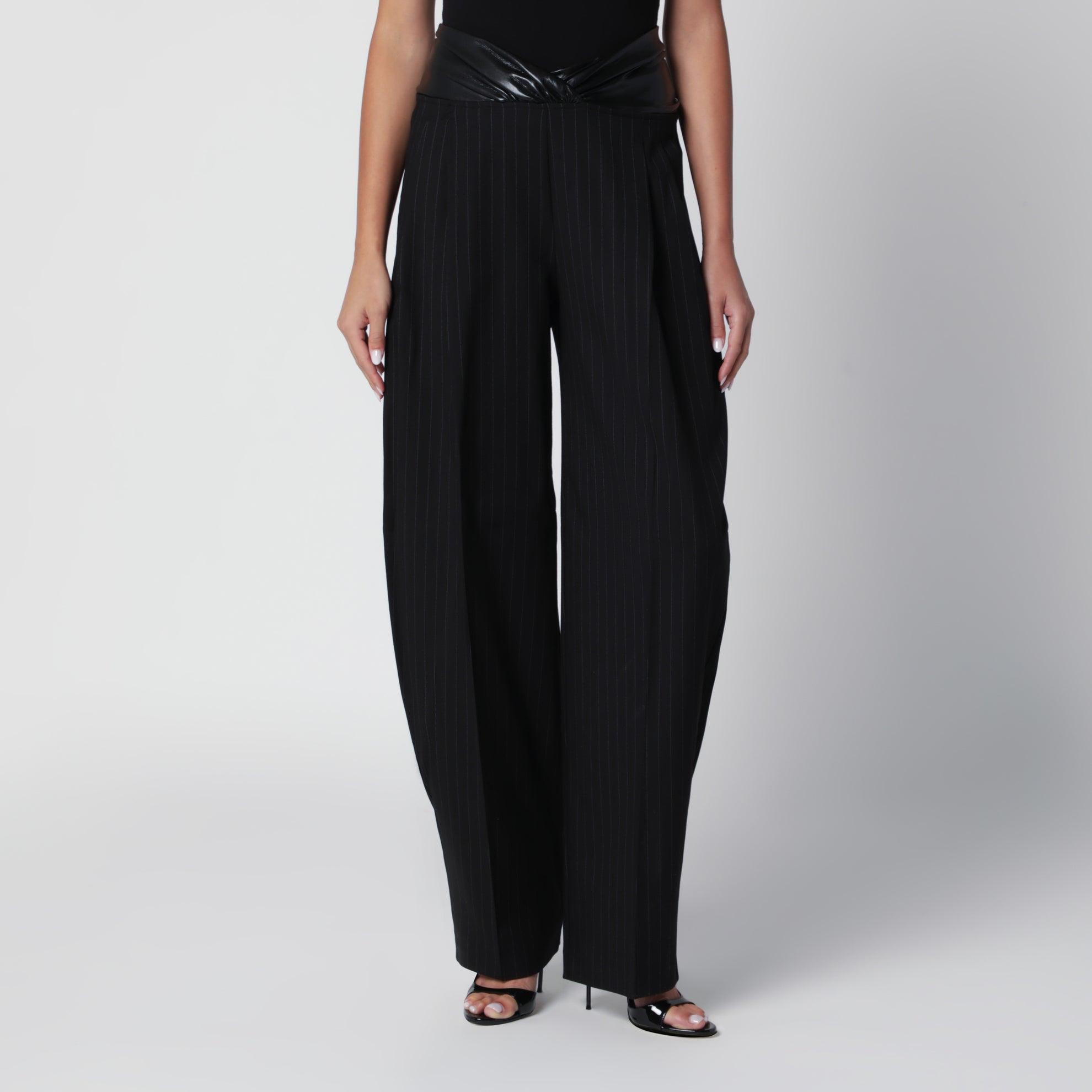 Wide-Leg Black and White Wool Gabardine Trousers