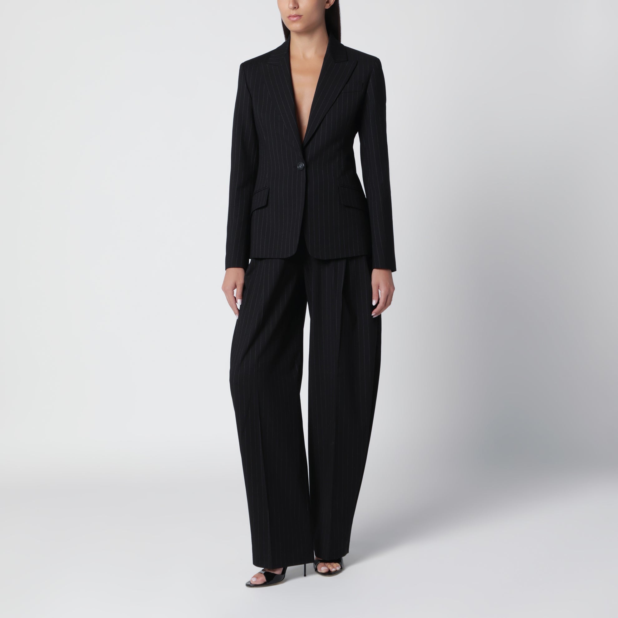 Wide-Leg Black and White Wool Gabardine Trousers