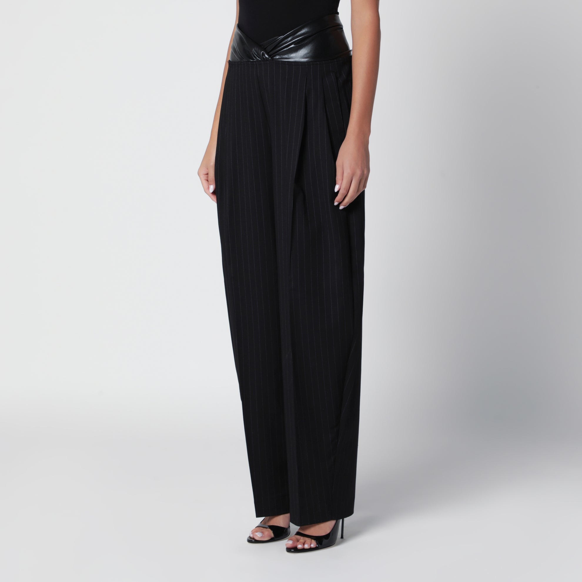 Wide-Leg Black and White Wool Gabardine Trousers