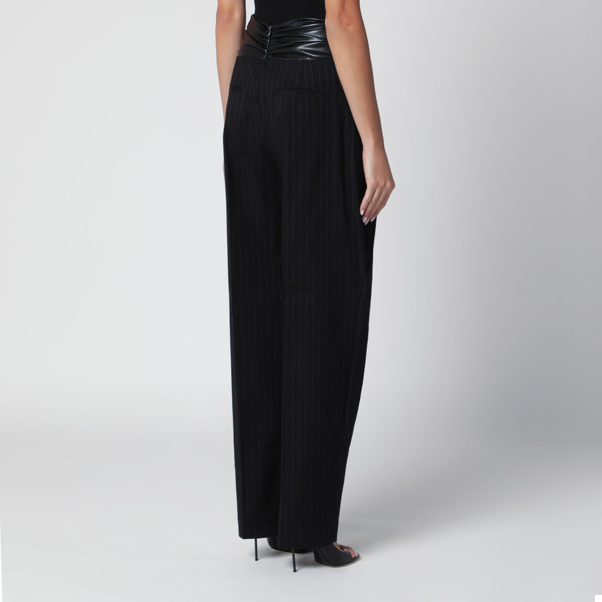 Wide-Leg Black and White Wool Gabardine Trousers