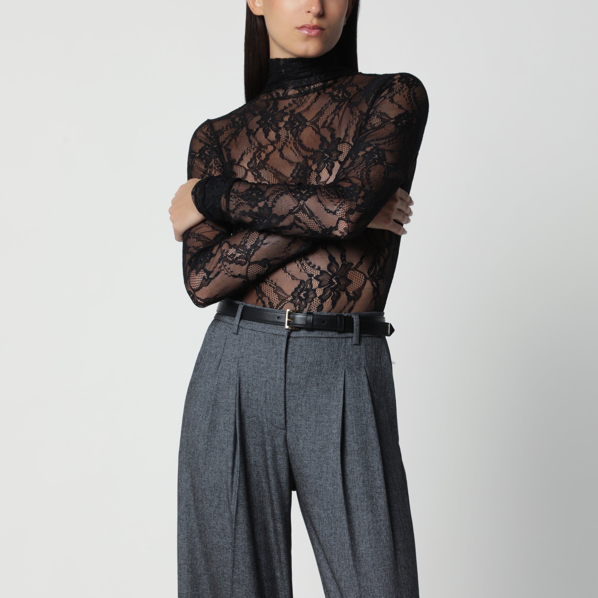Body dolcevita nero in pizzo semitrasparente