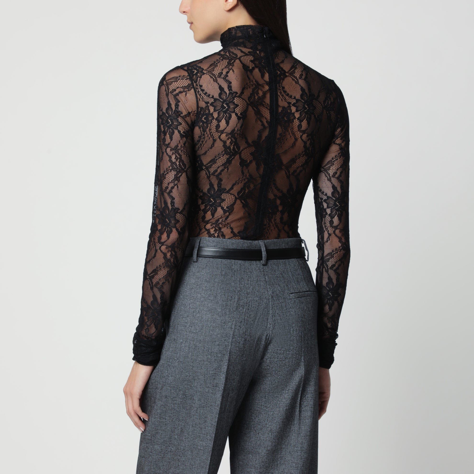 Body dolcevita nero in pizzo semitrasparente
