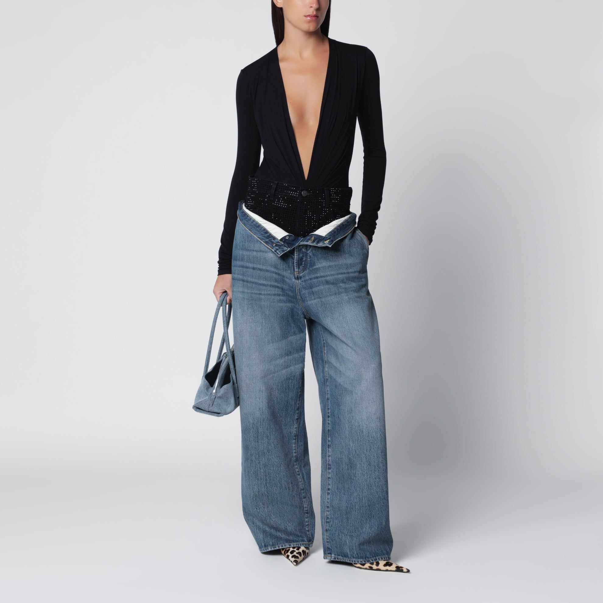 Body con scollo profondo nero in jersey stretch