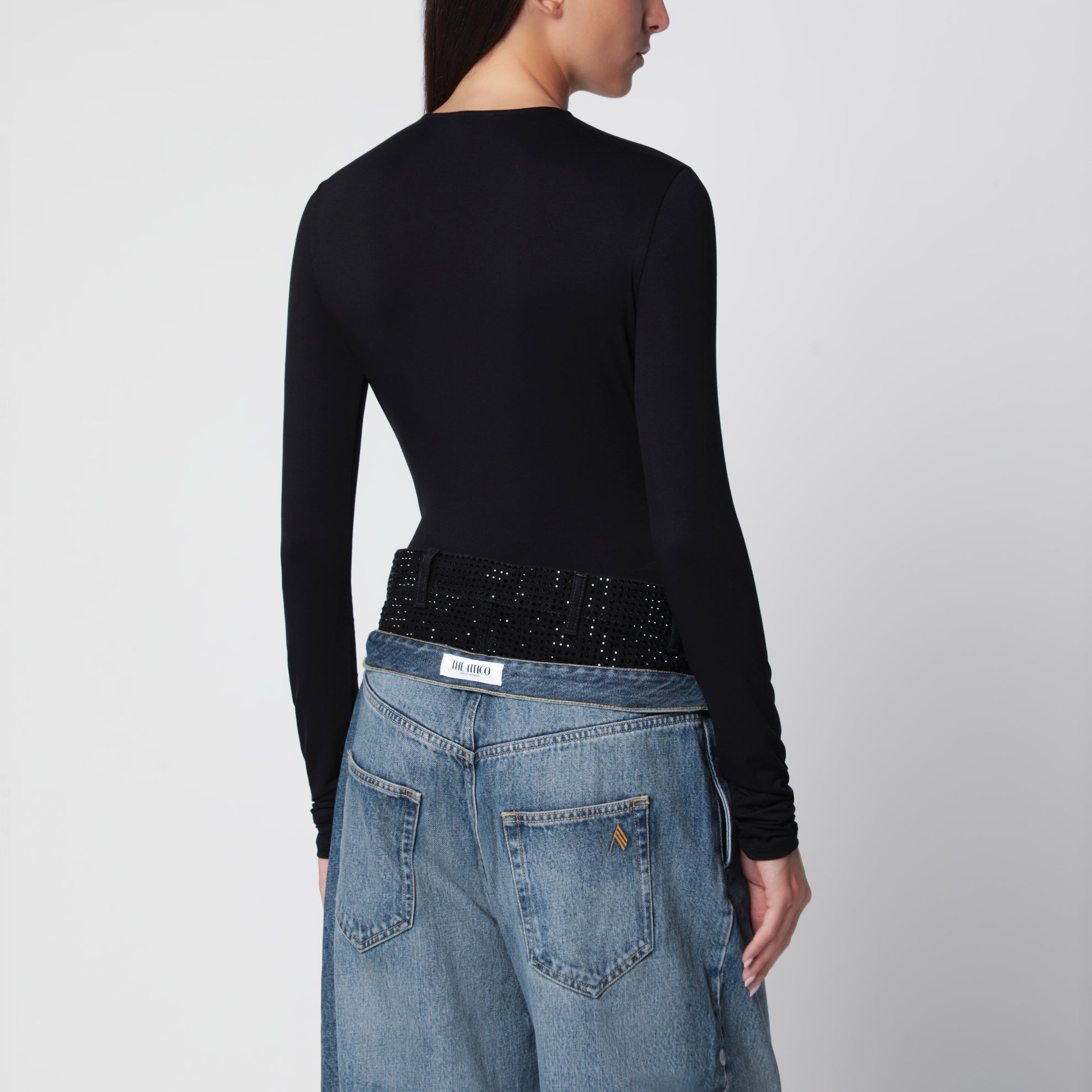 Body con scollo profondo nero in jersey stretch