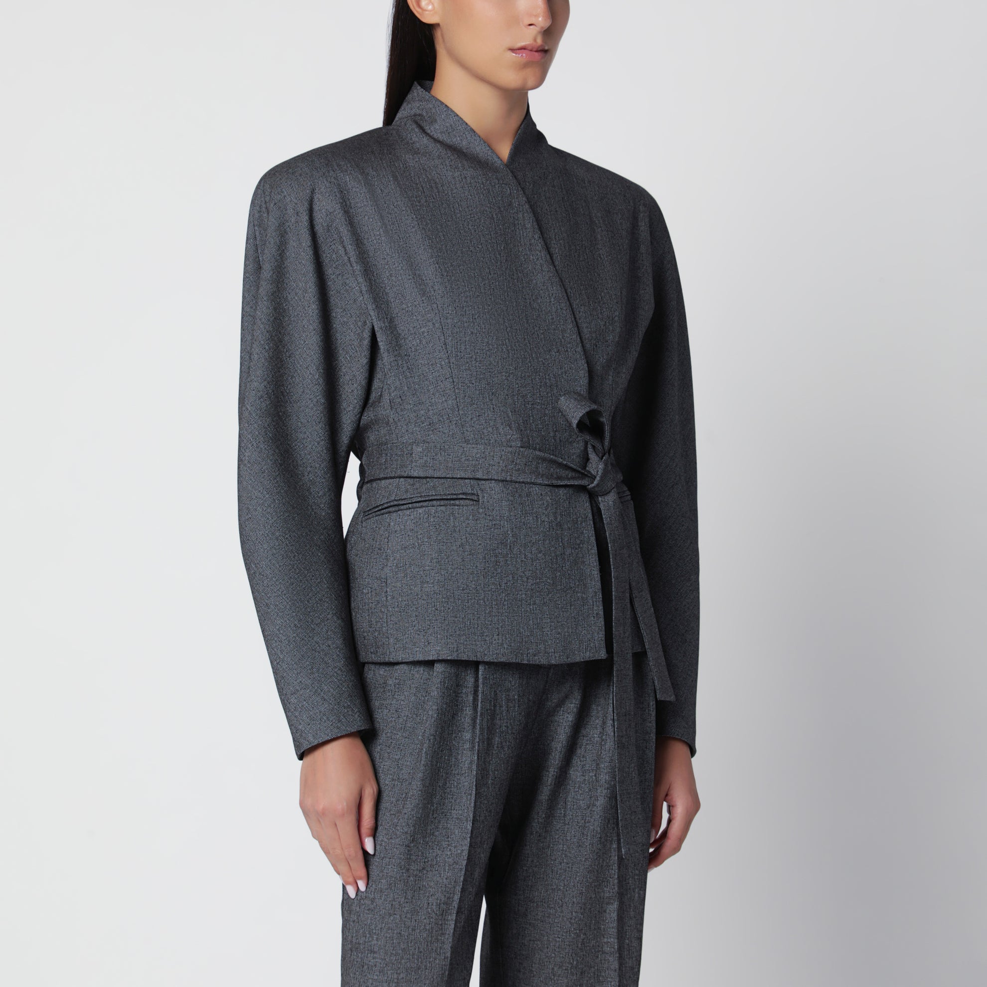Coordinated belt jacket in grey mélange