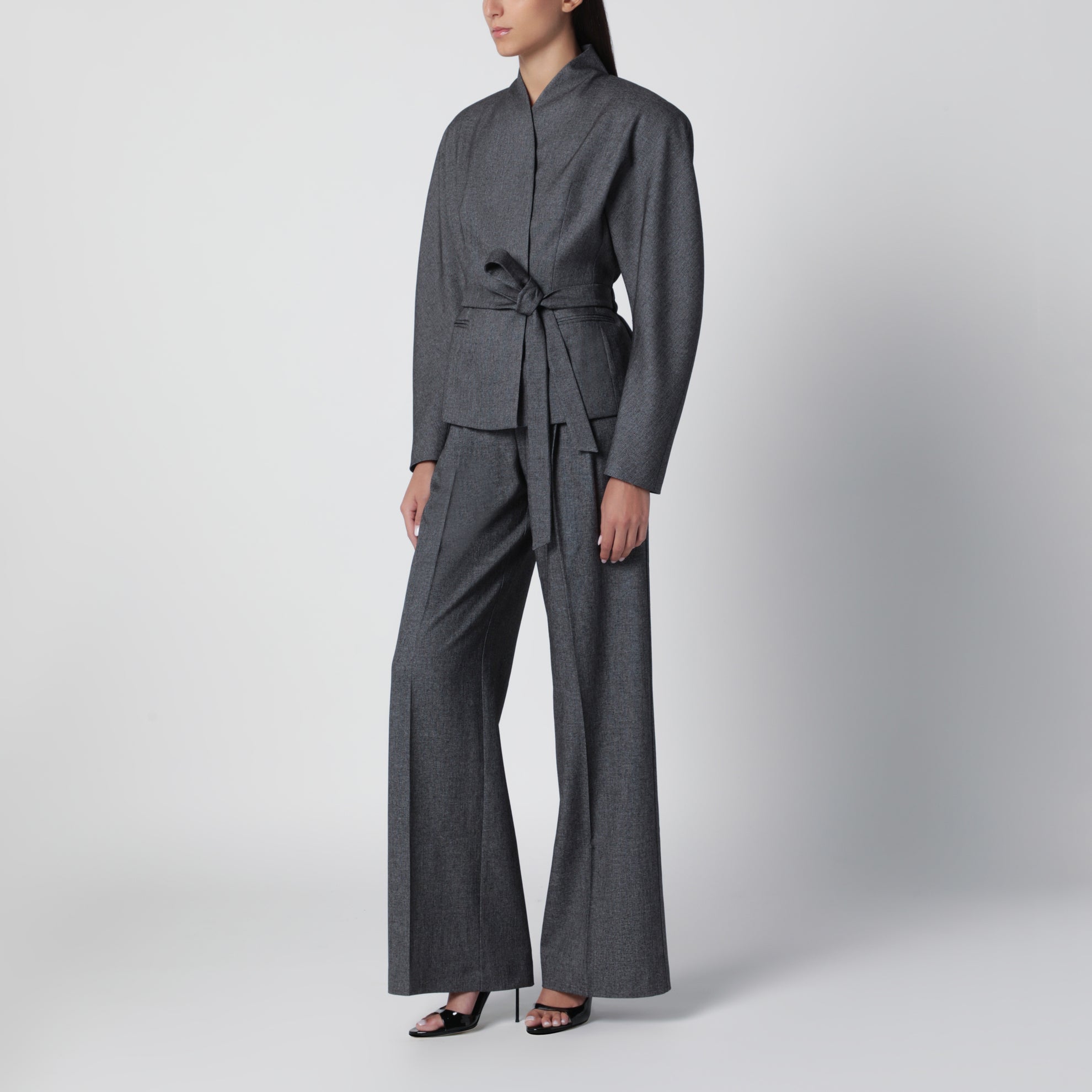 Coordinated belt jacket in grey mélange