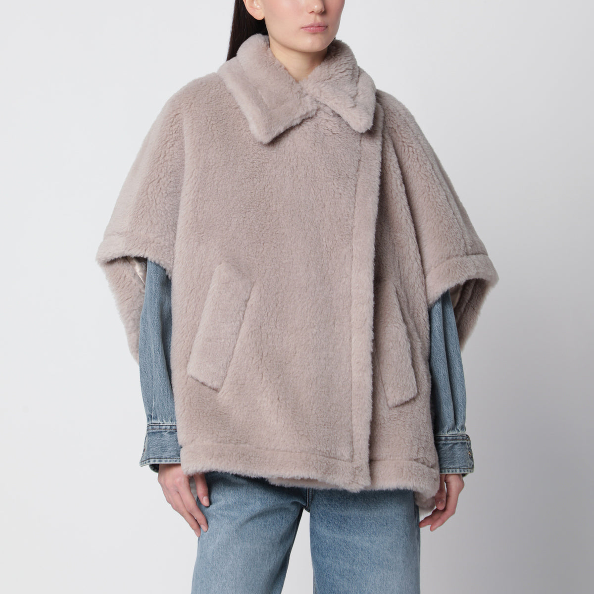 Mantella beige mélange in teddy di alpaca e lana