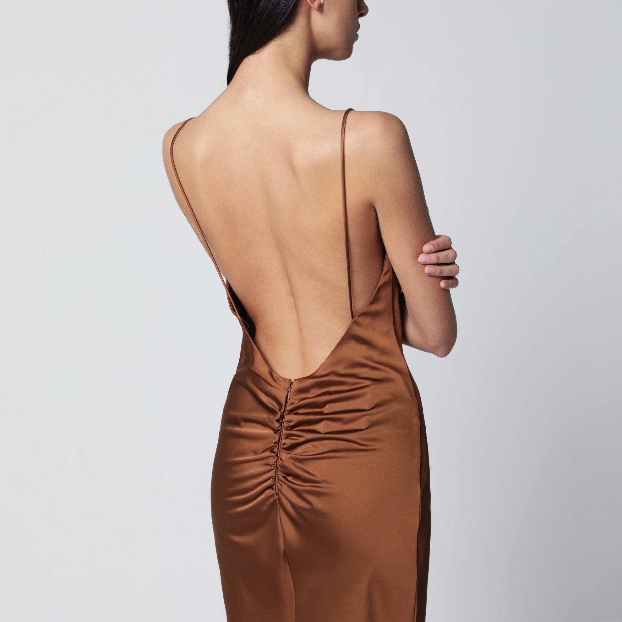 Maxi abito Ninfea con ruches in poliestere bronzo