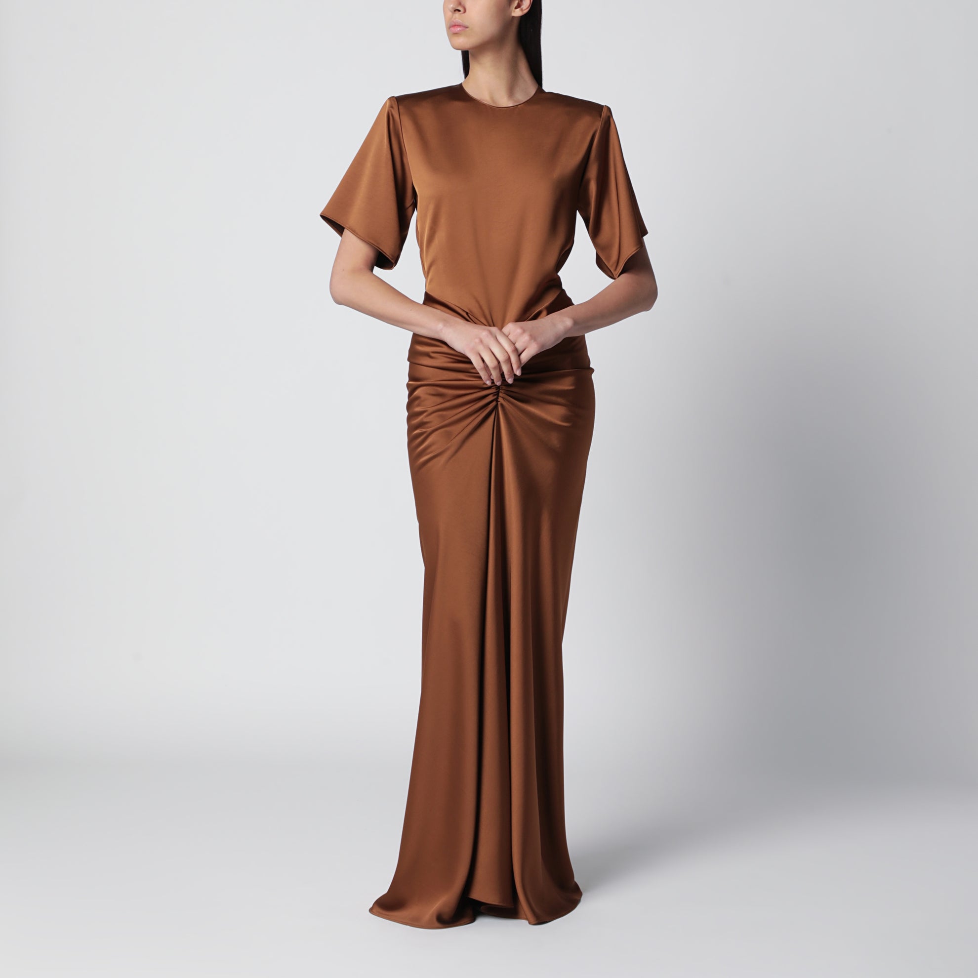 Abito lungo Iris color bronzo con vita arricciata