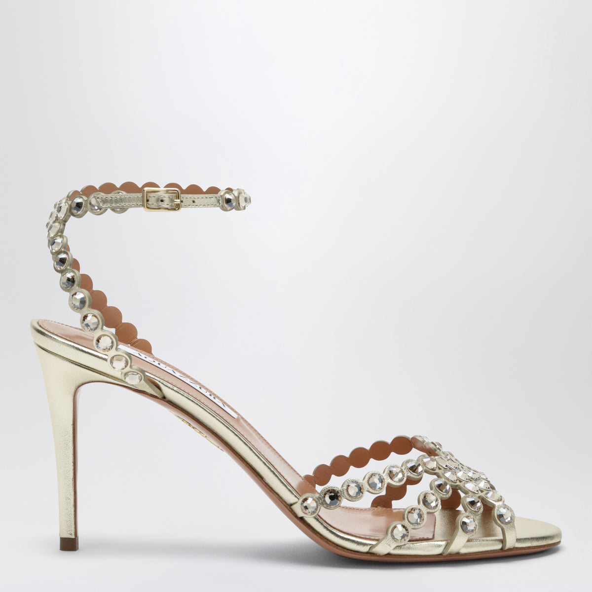 Platinfarbene Tequila Sandalen aus Metallic-Leder mit Kristallen