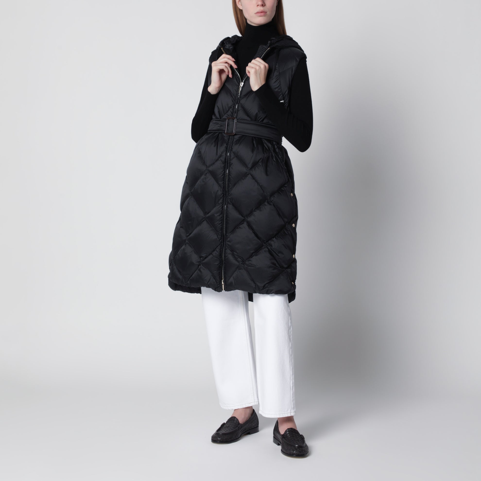 Black belted sleeveless down jacket