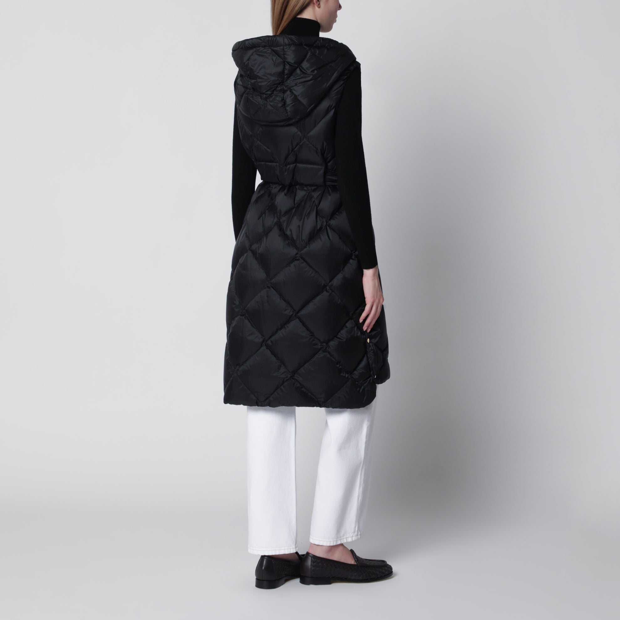 Black belted sleeveless down jacket