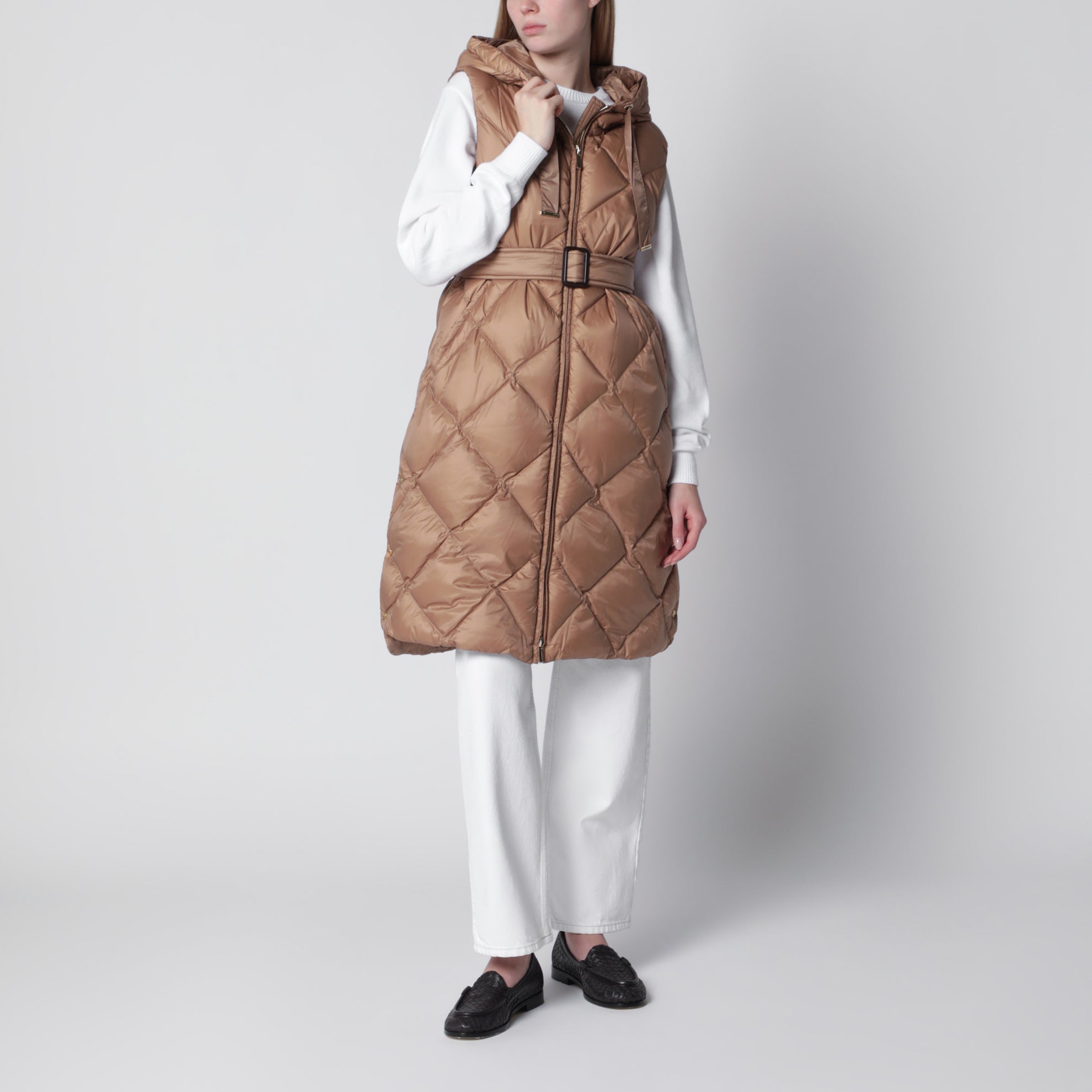 Camel belted sleeveless down jacket