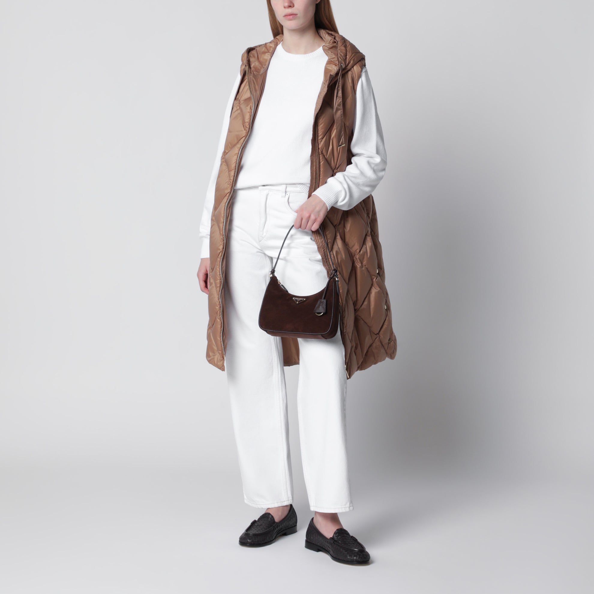 Camel belted sleeveless down jacket