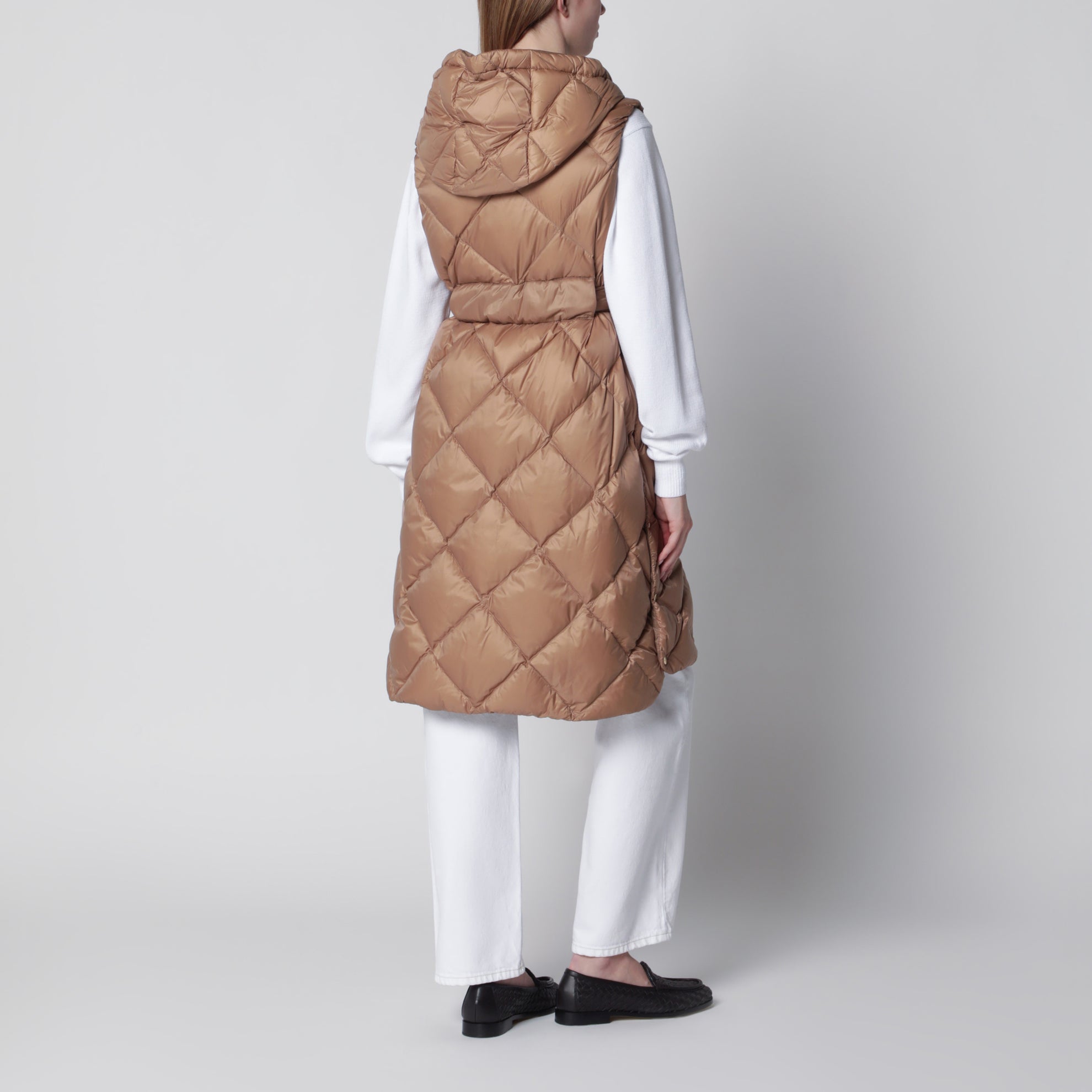 Camel belted sleeveless down jacket