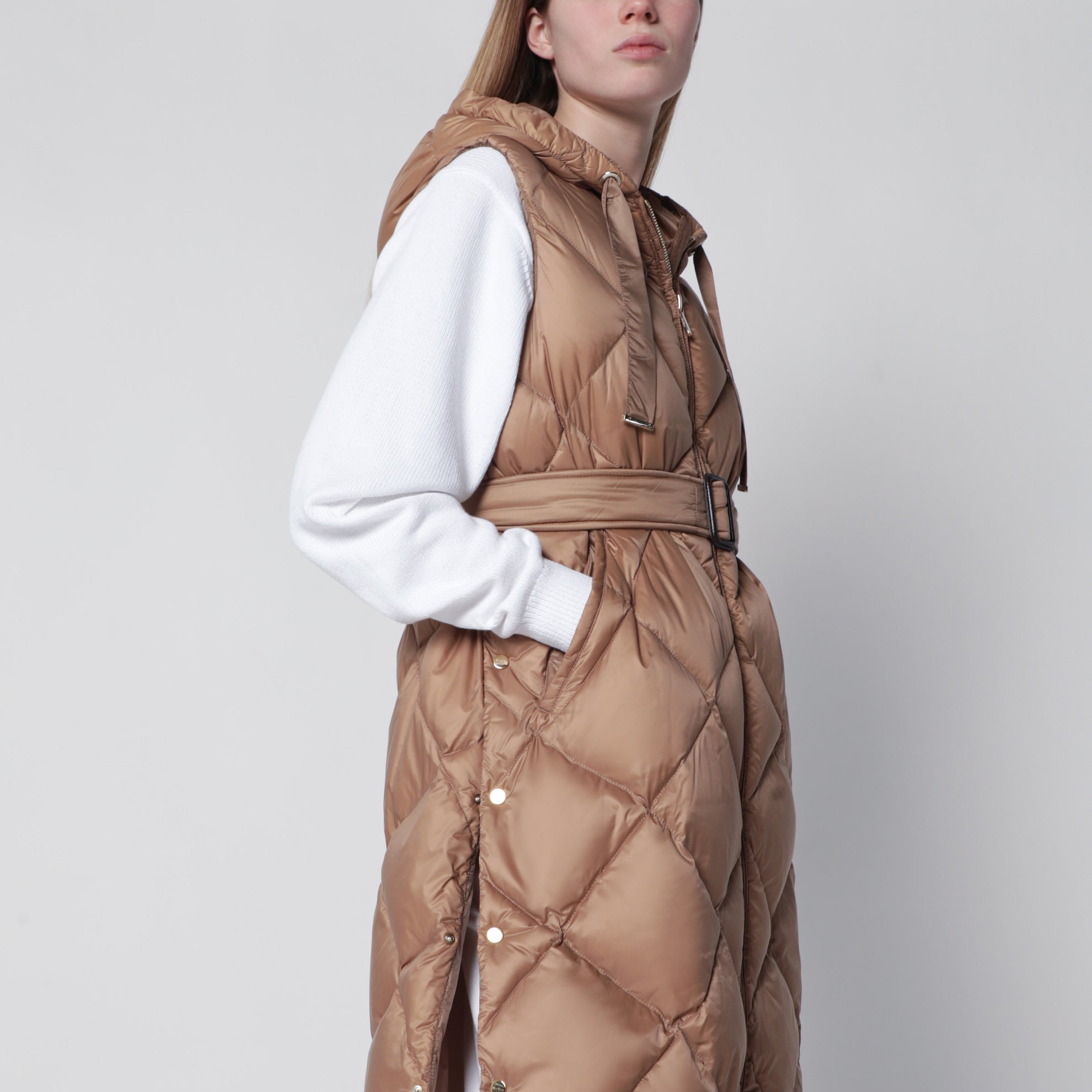 Camel belted sleeveless down jacket