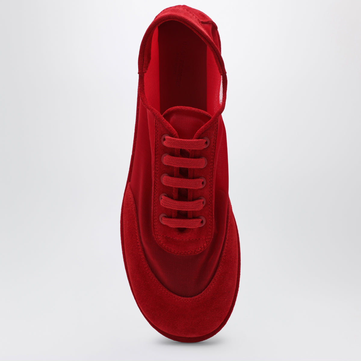 Sneakers rosse in mesh semitrasparente e suede