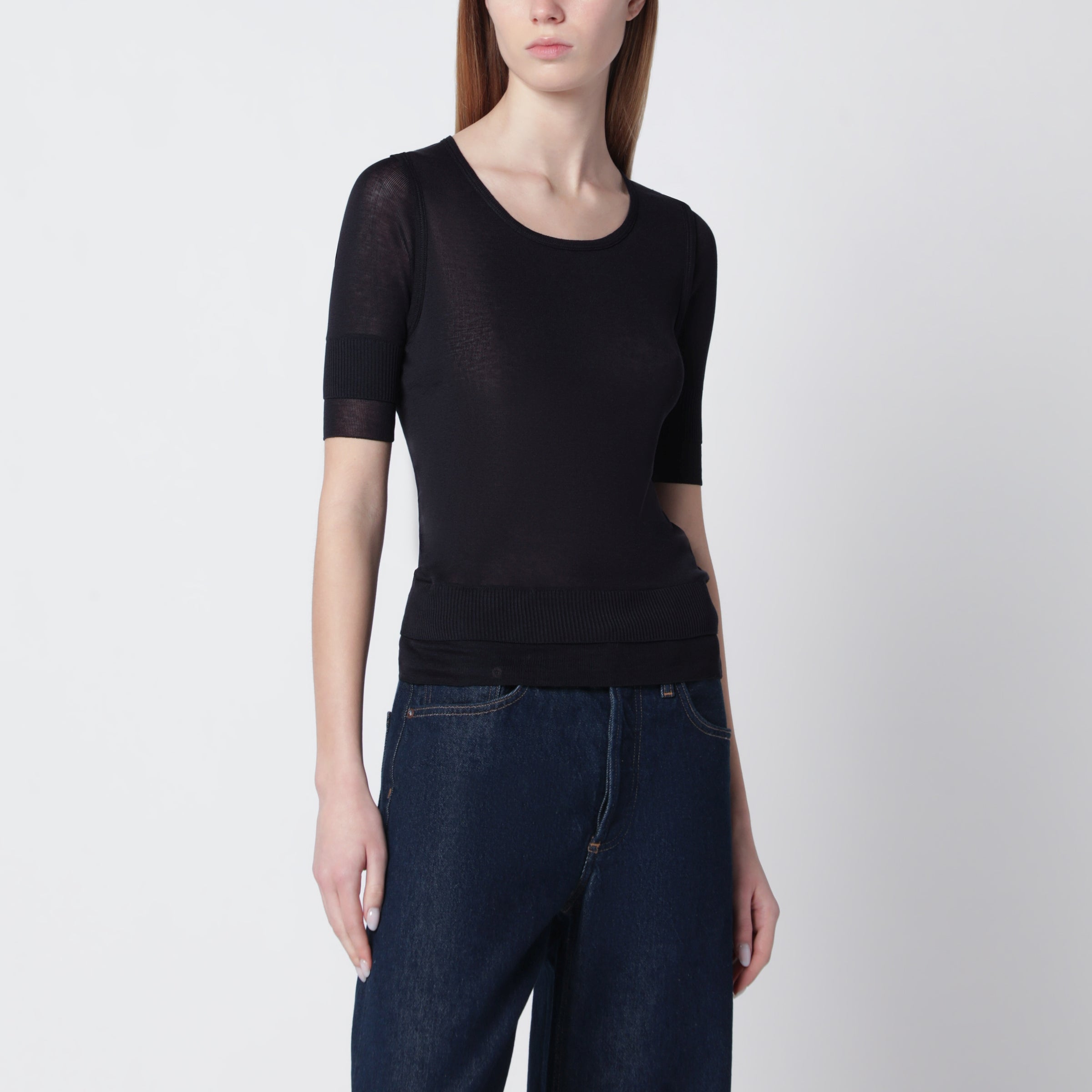 LEMAIRE Midnight blue trompe-l'oeil top in viscose and silk