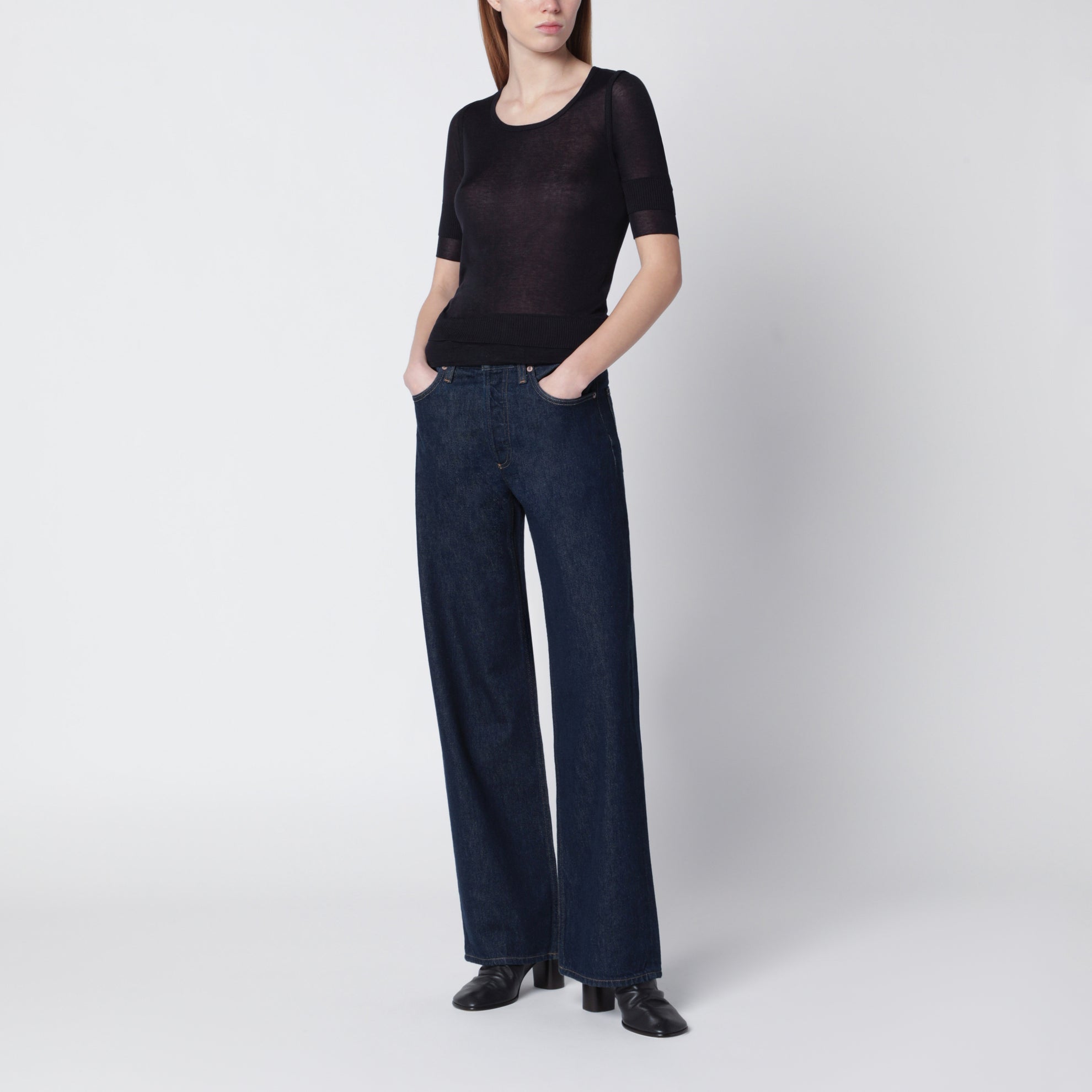 Midnight blue trompe-l'oeil top in viscose and silk