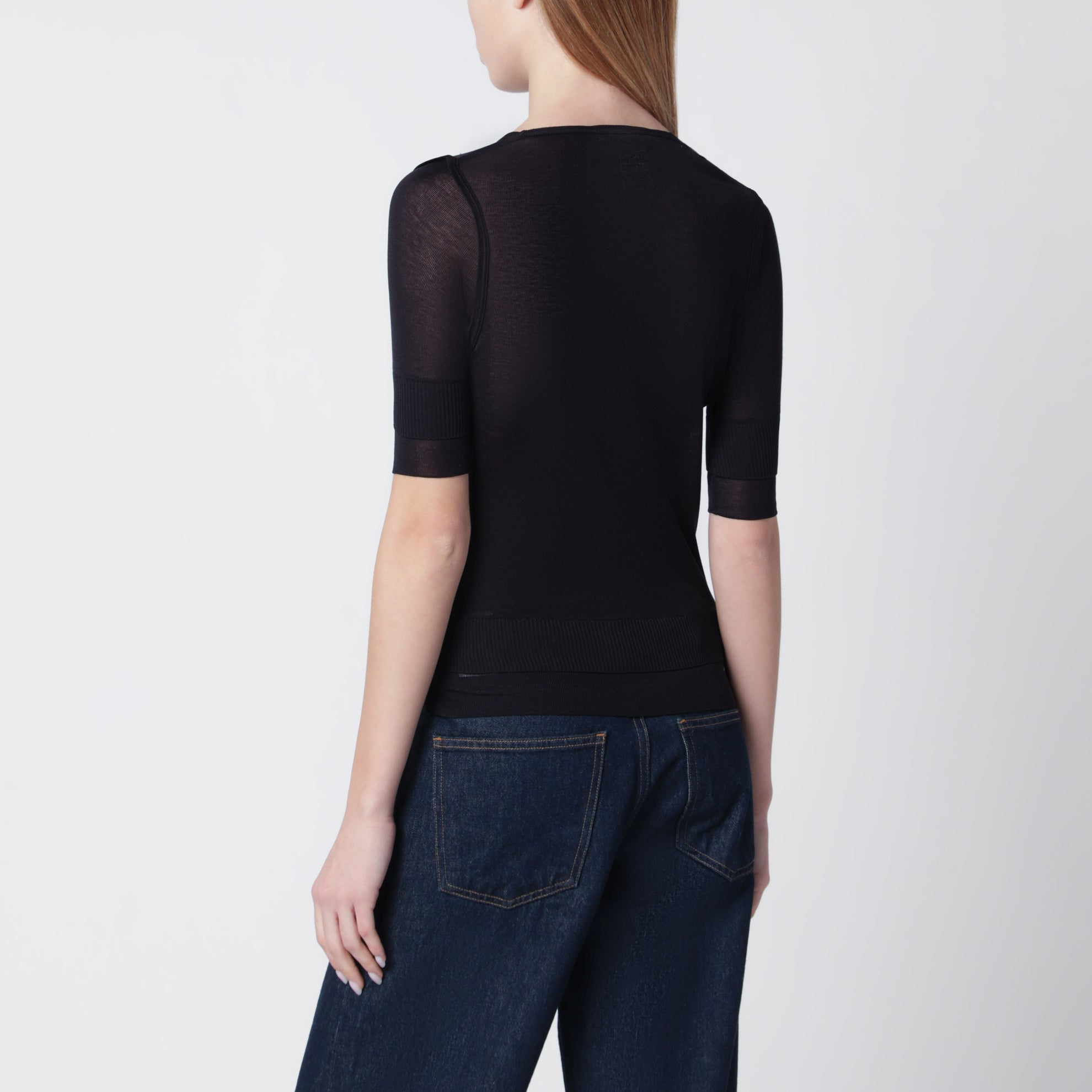 Midnight blue trompe-l'oeil top in viscose and silk