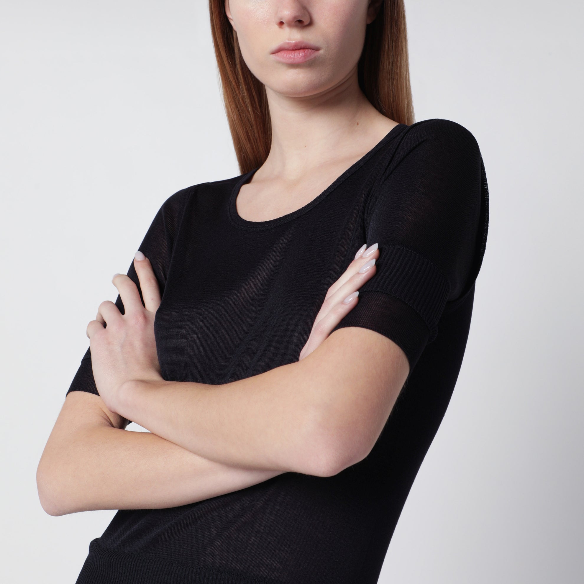 Midnight blue trompe-l'oeil top in viscose and silk