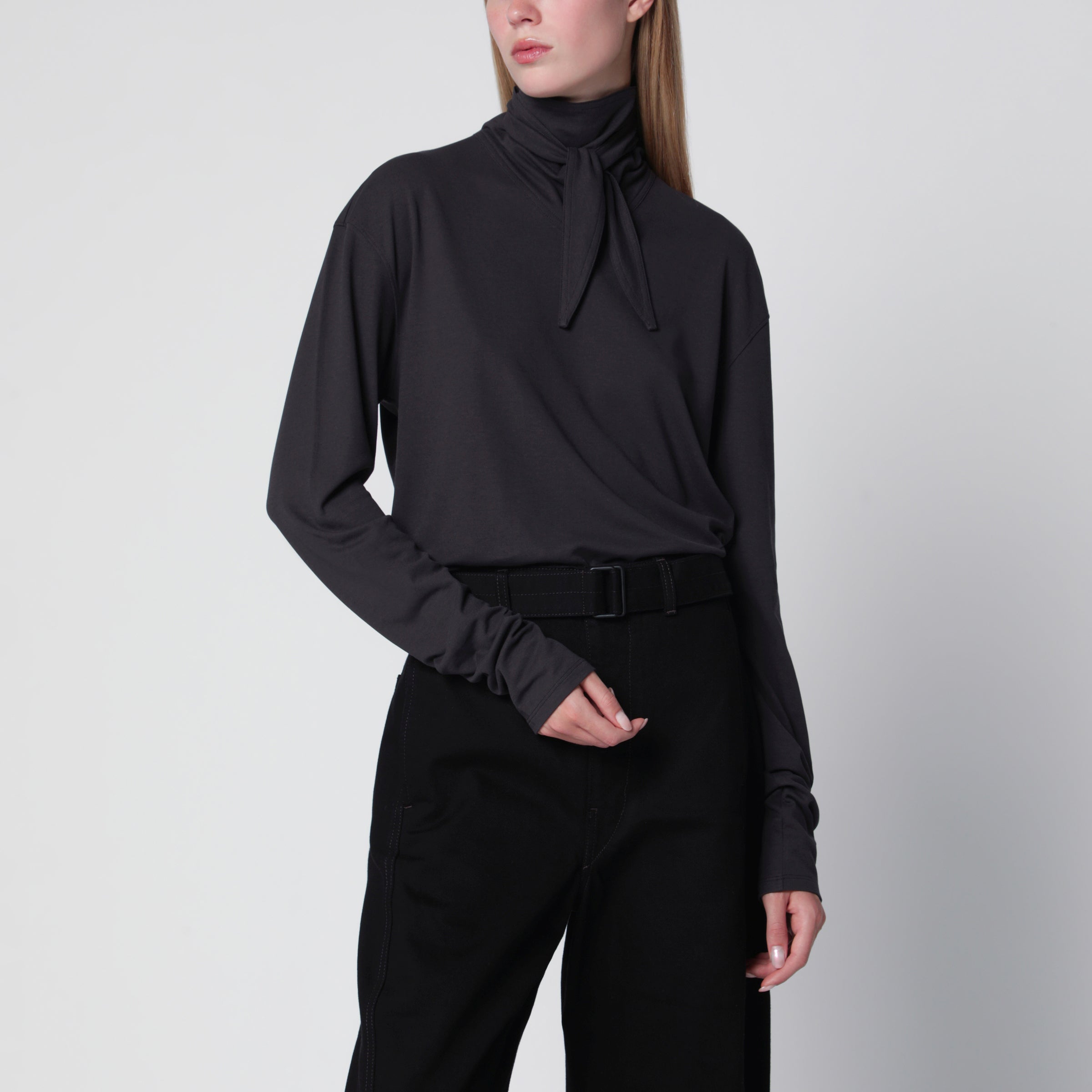 LEMAIRE Dark grey long-sleeved sweater with scarf detail | TheDoubleF