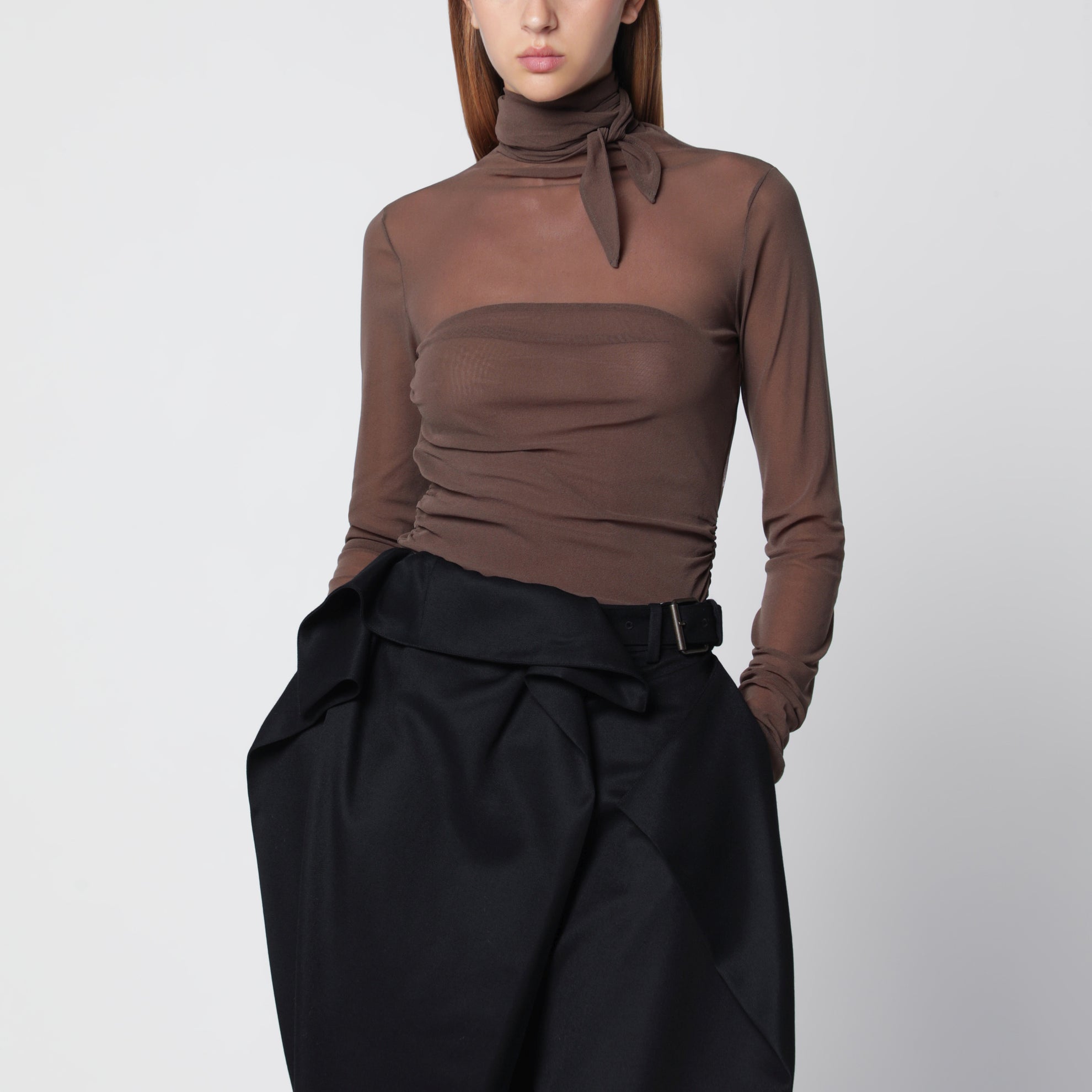 Ballerina Top aus Jersey in Kakaobraun mit Halstuch