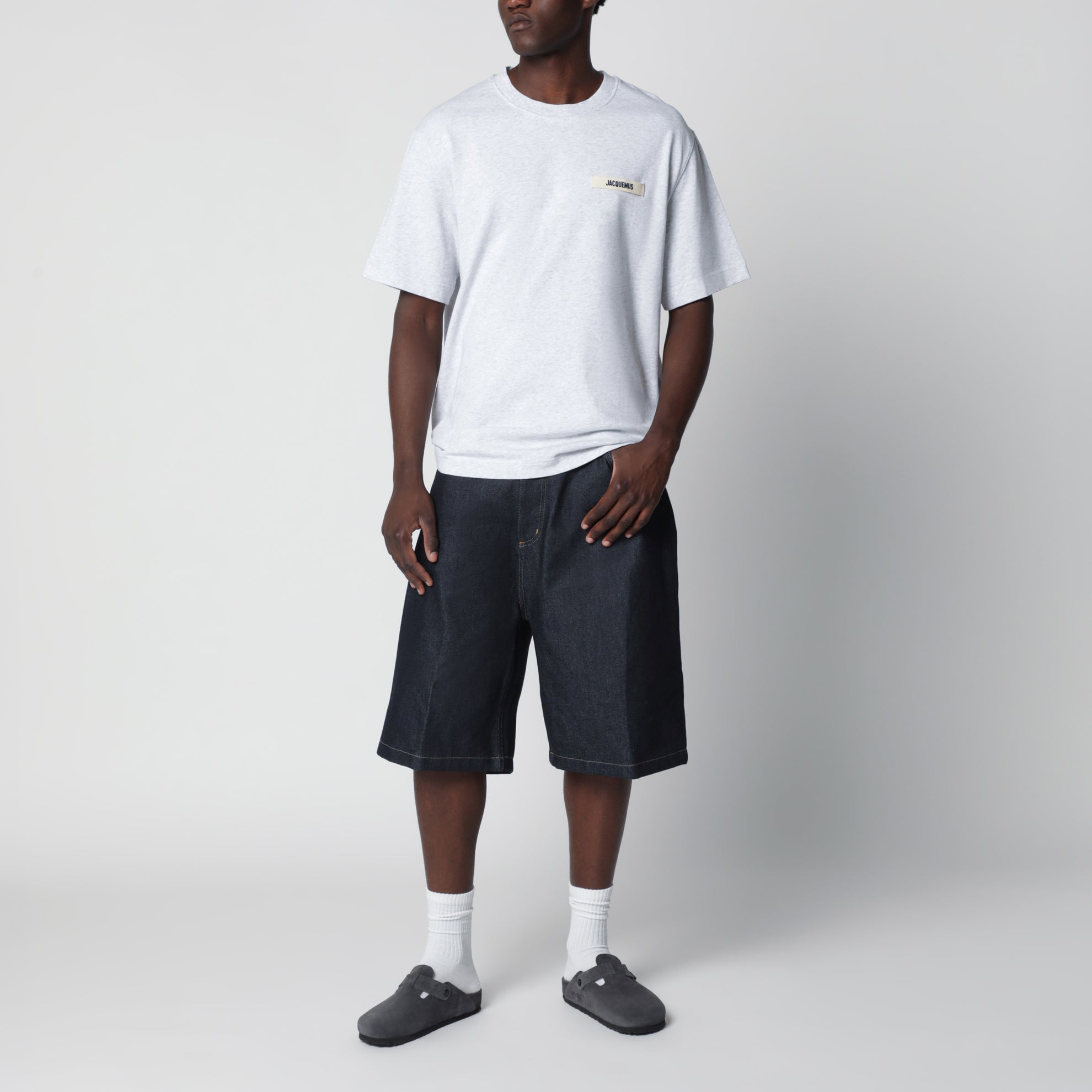 T-shirt grigia con logo in Gros Grain