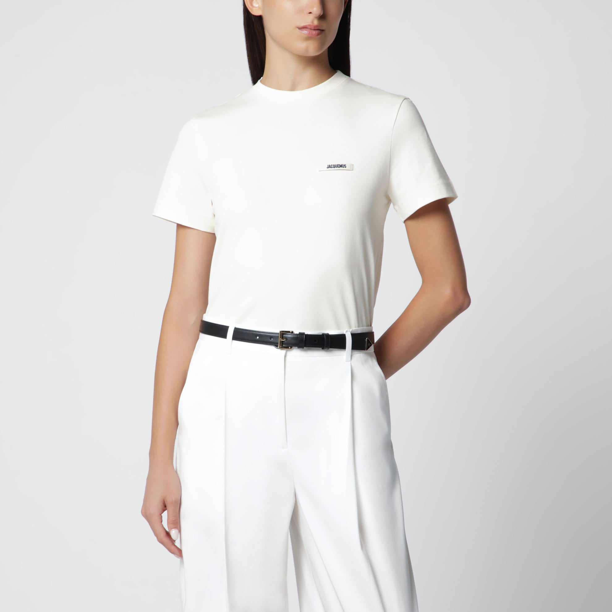 Light Beige Fitted T-Shirt with Grosgrain Logo