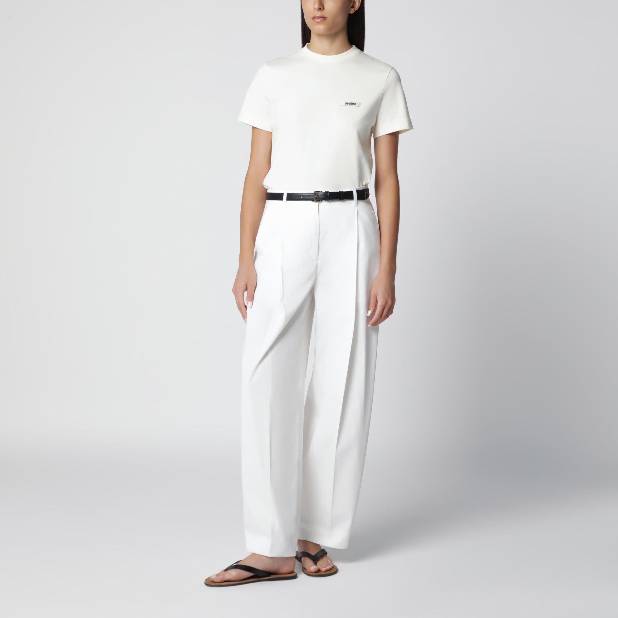 Light Beige Fitted T-Shirt with Grosgrain Logo