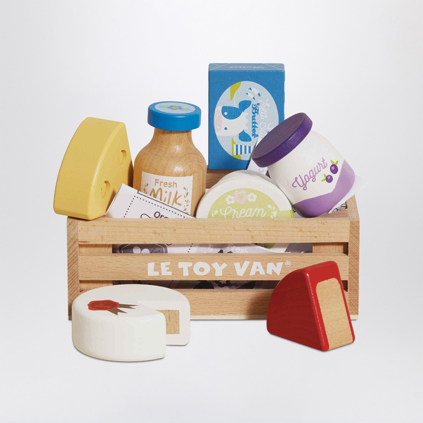 Educational market cash register playset with cheese and dairy products