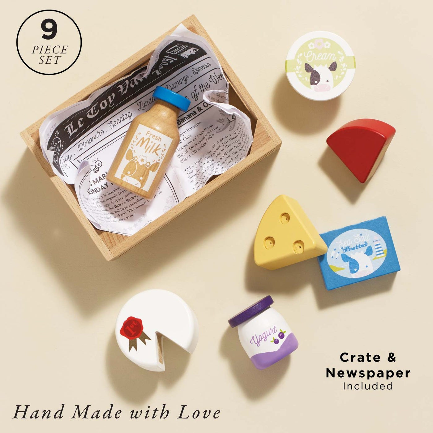 Educational market cash register playset with cheese and dairy products