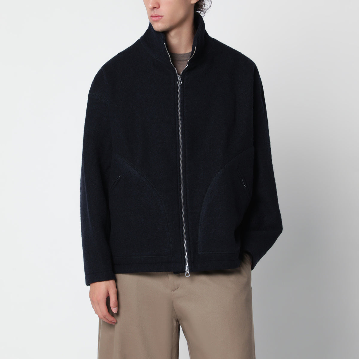Giacca con zip blu navy in lana