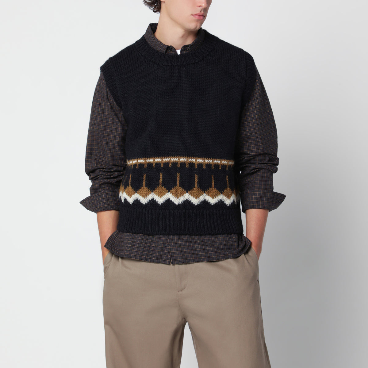 Navyblaue Weste aus Wolle mit geometrischem Jacquardmuster