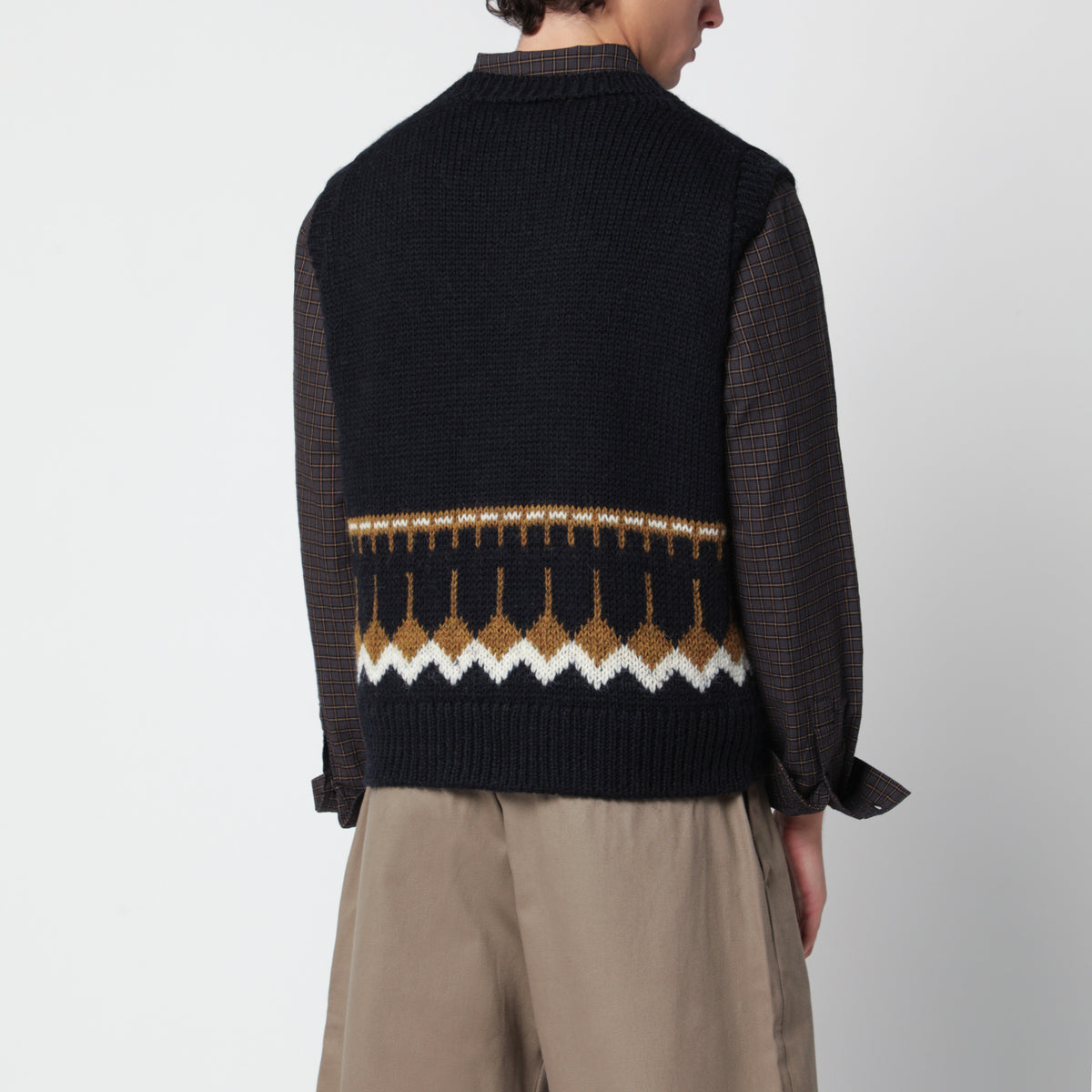 Navyblaue Weste aus Wolle mit geometrischem Jacquardmuster