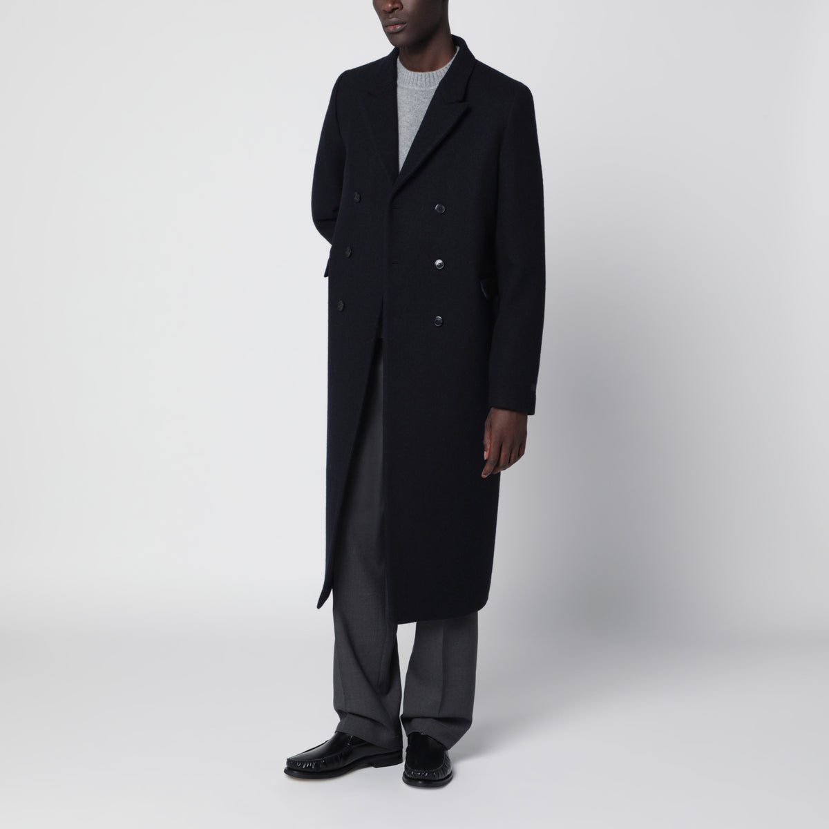 Blue double-breasted virgin wool overcoat