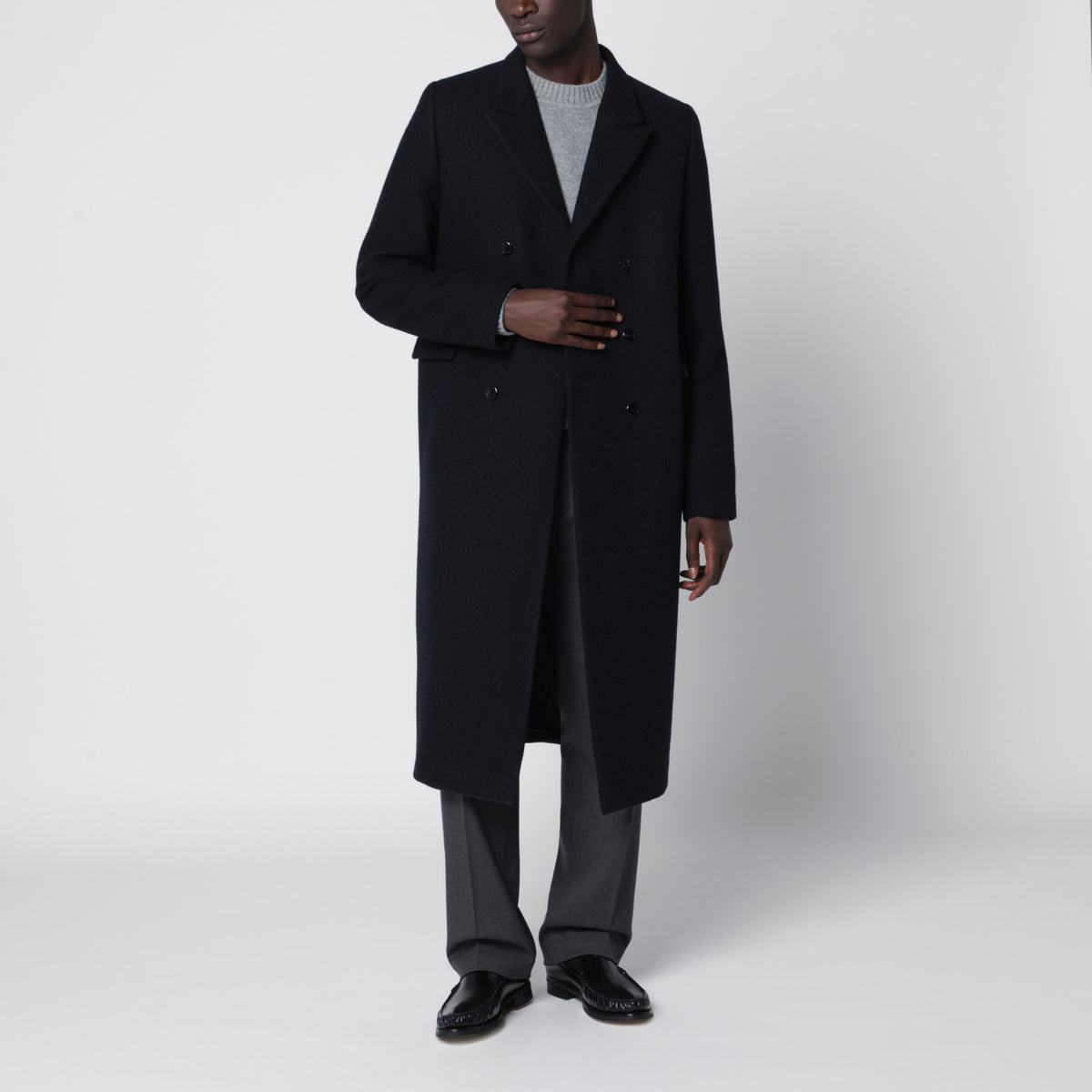 Blue double-breasted virgin wool overcoat
