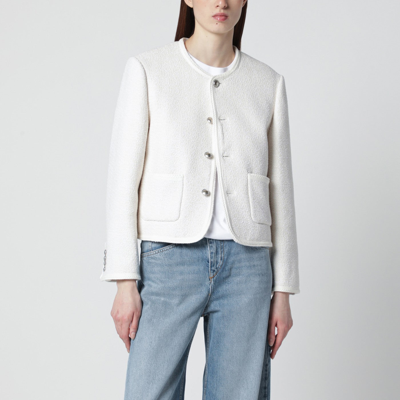Cremefarbene Bouclé-Tweedjacke