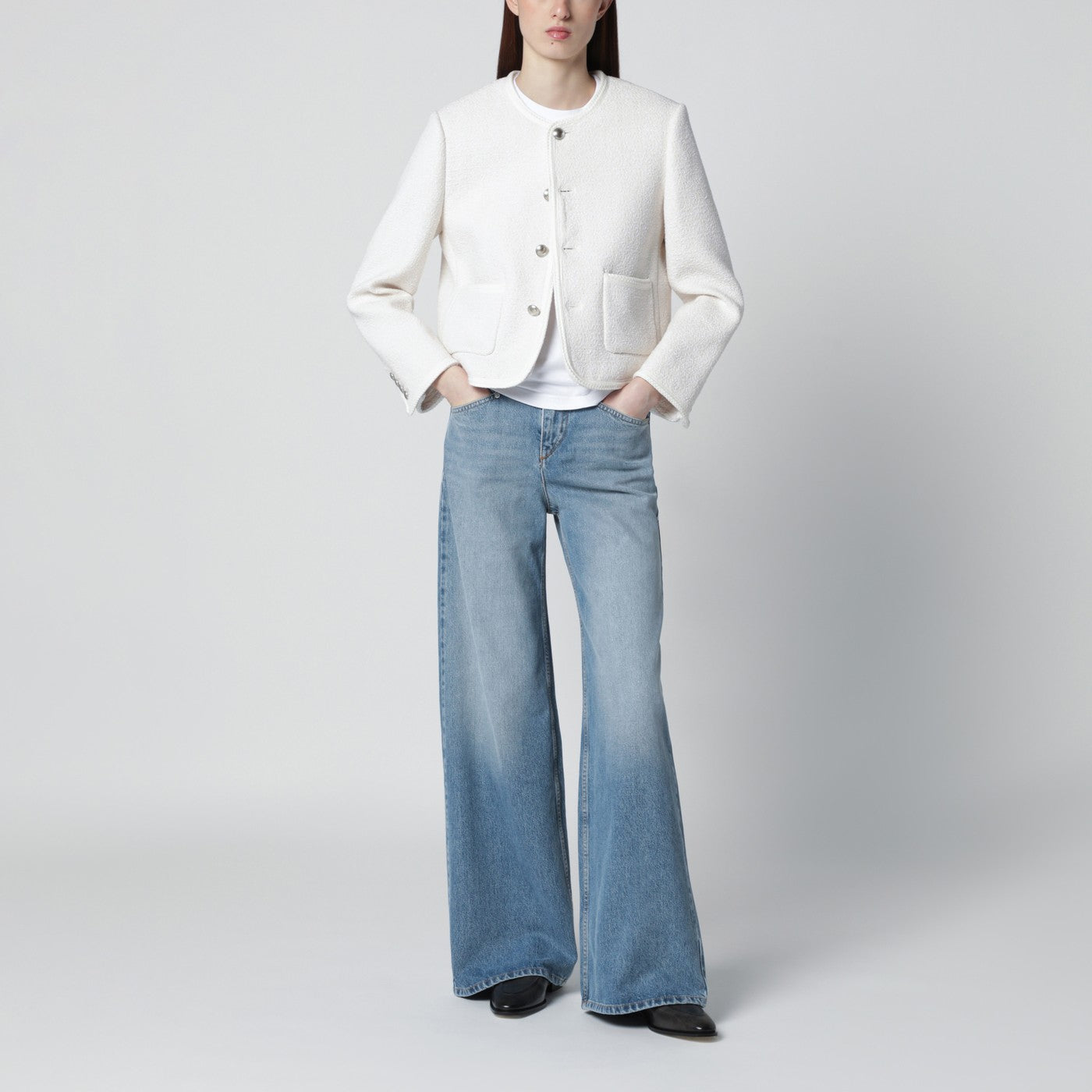 Cremefarbene Bouclé-Tweedjacke