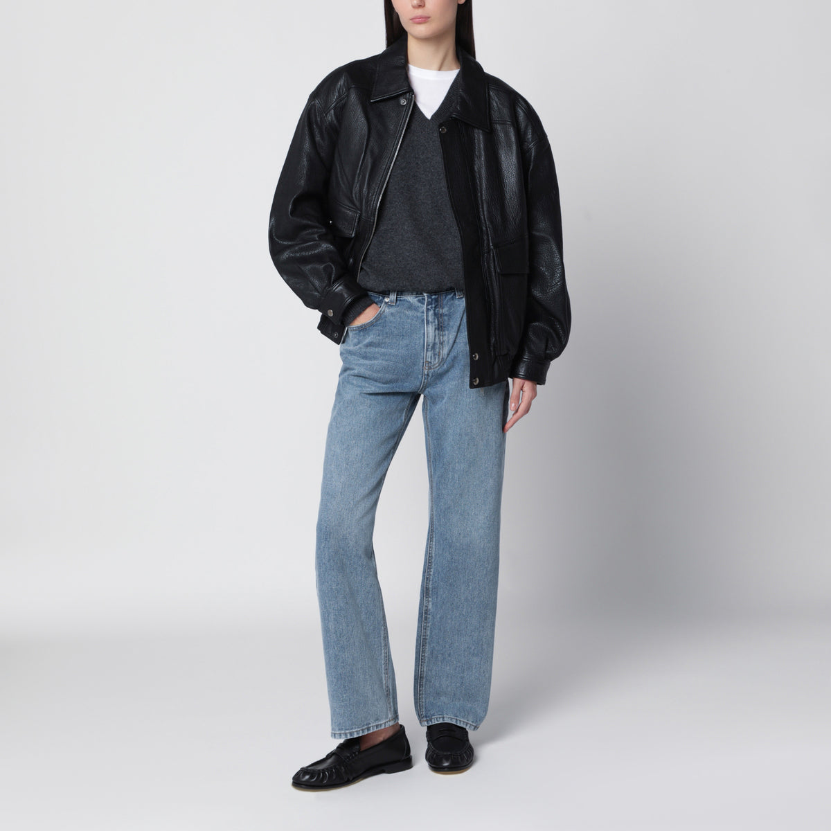 Blouson oversize noir en cuir d'agneau