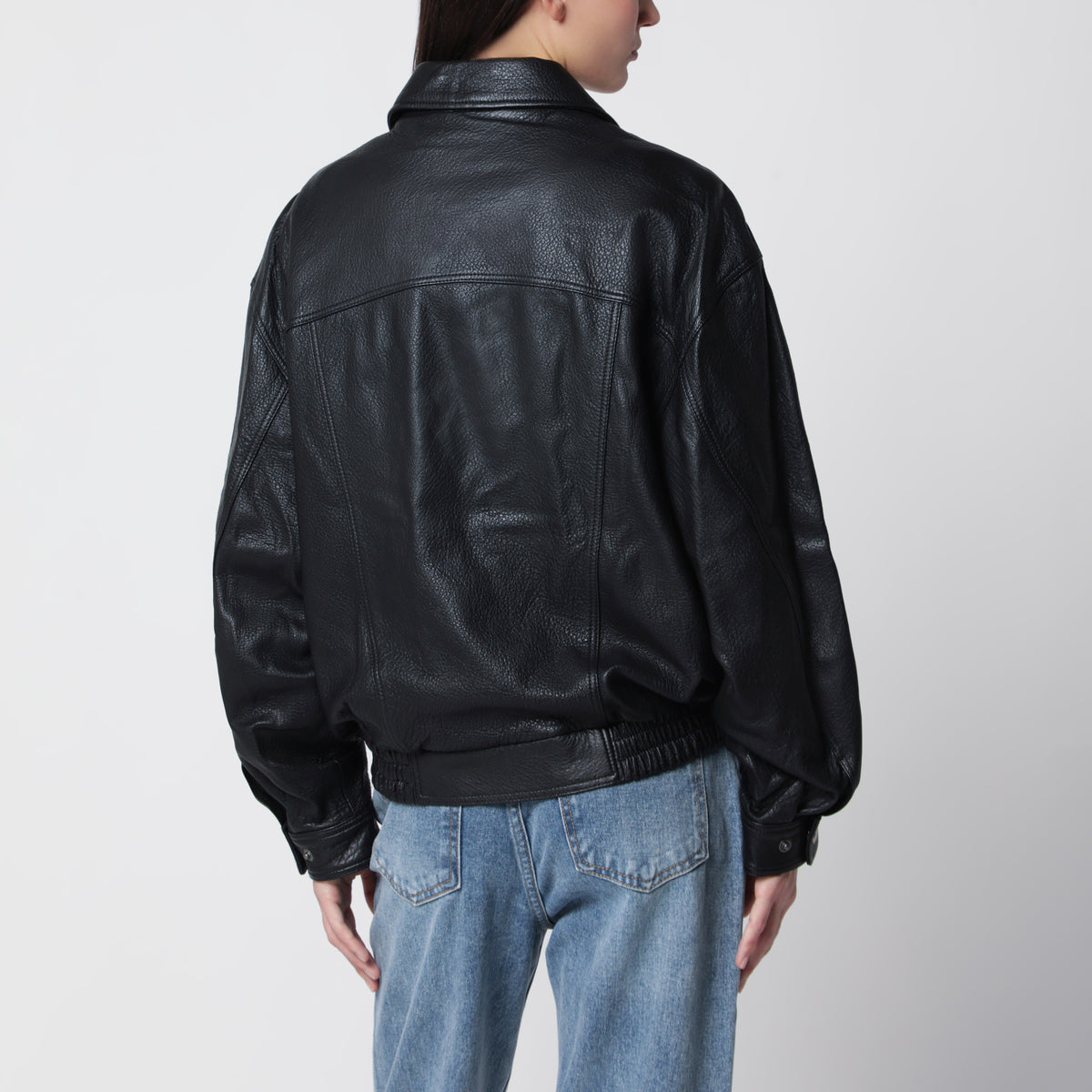 Blouson oversize noir en cuir d'agneau