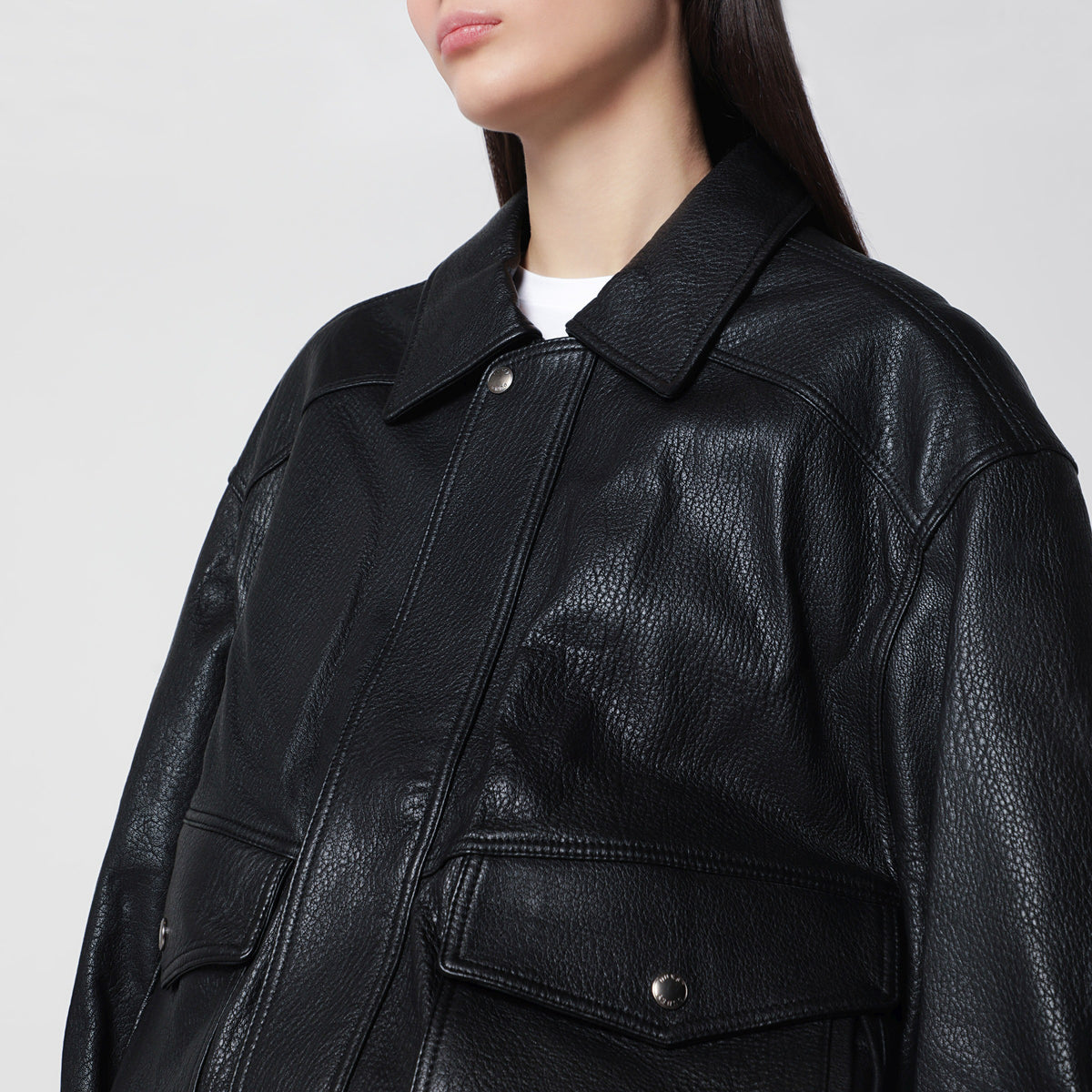Blouson oversize noir en cuir d'agneau