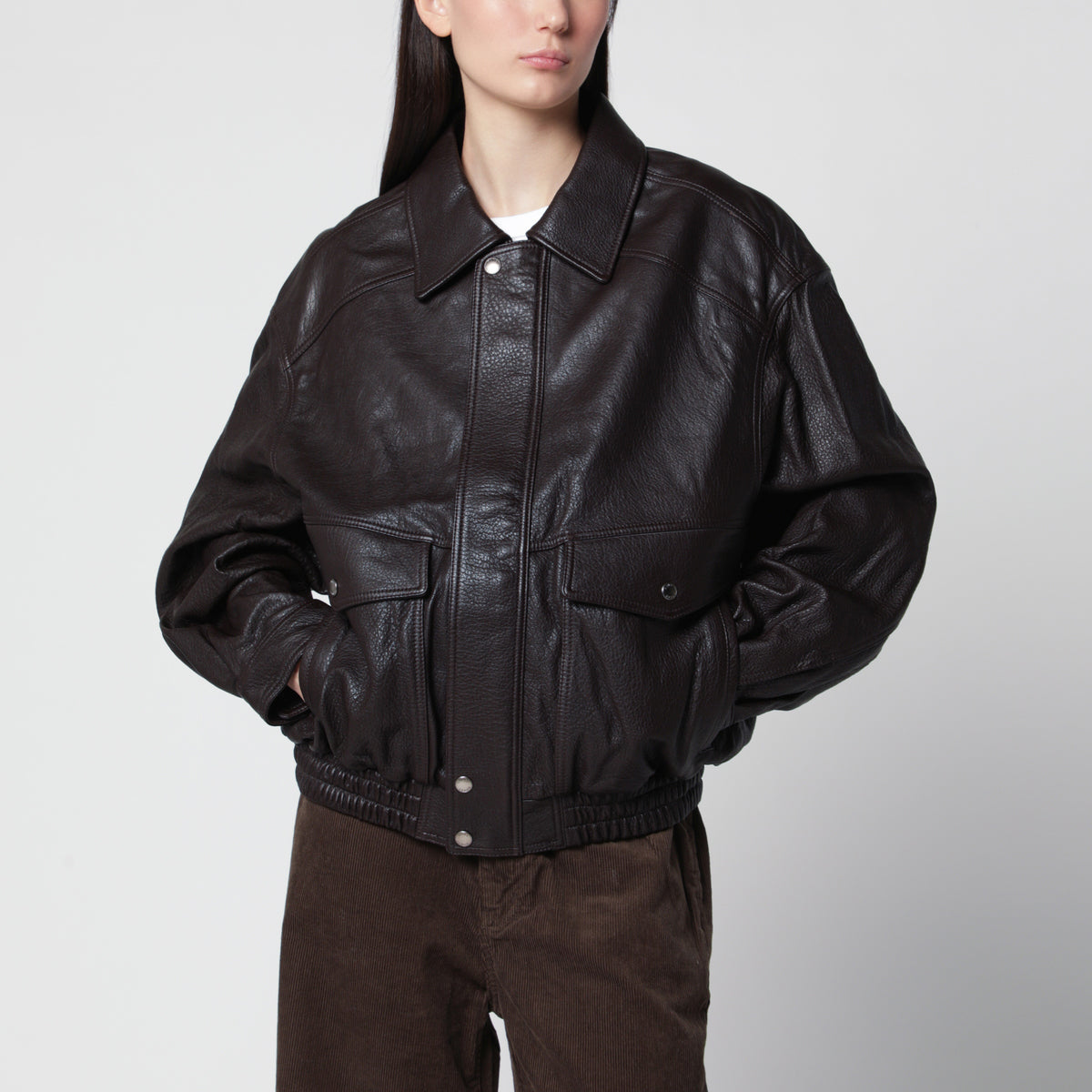 Blouson oversize in pelle di agnello marrone