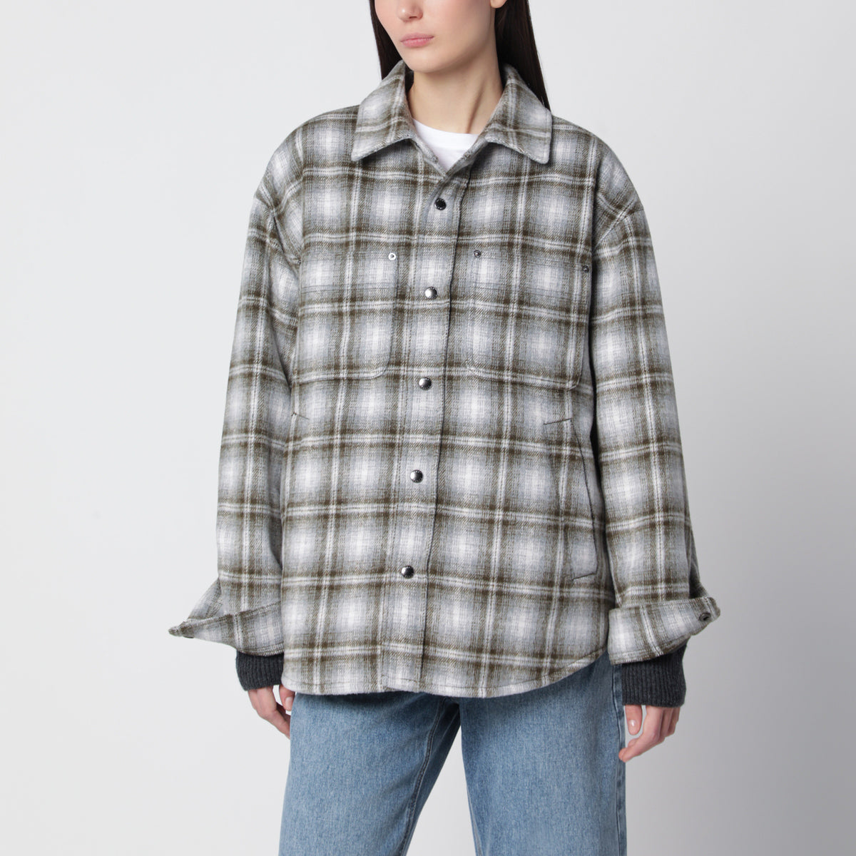 Giacca camicia in flanella trapuntata a quadri color kaki