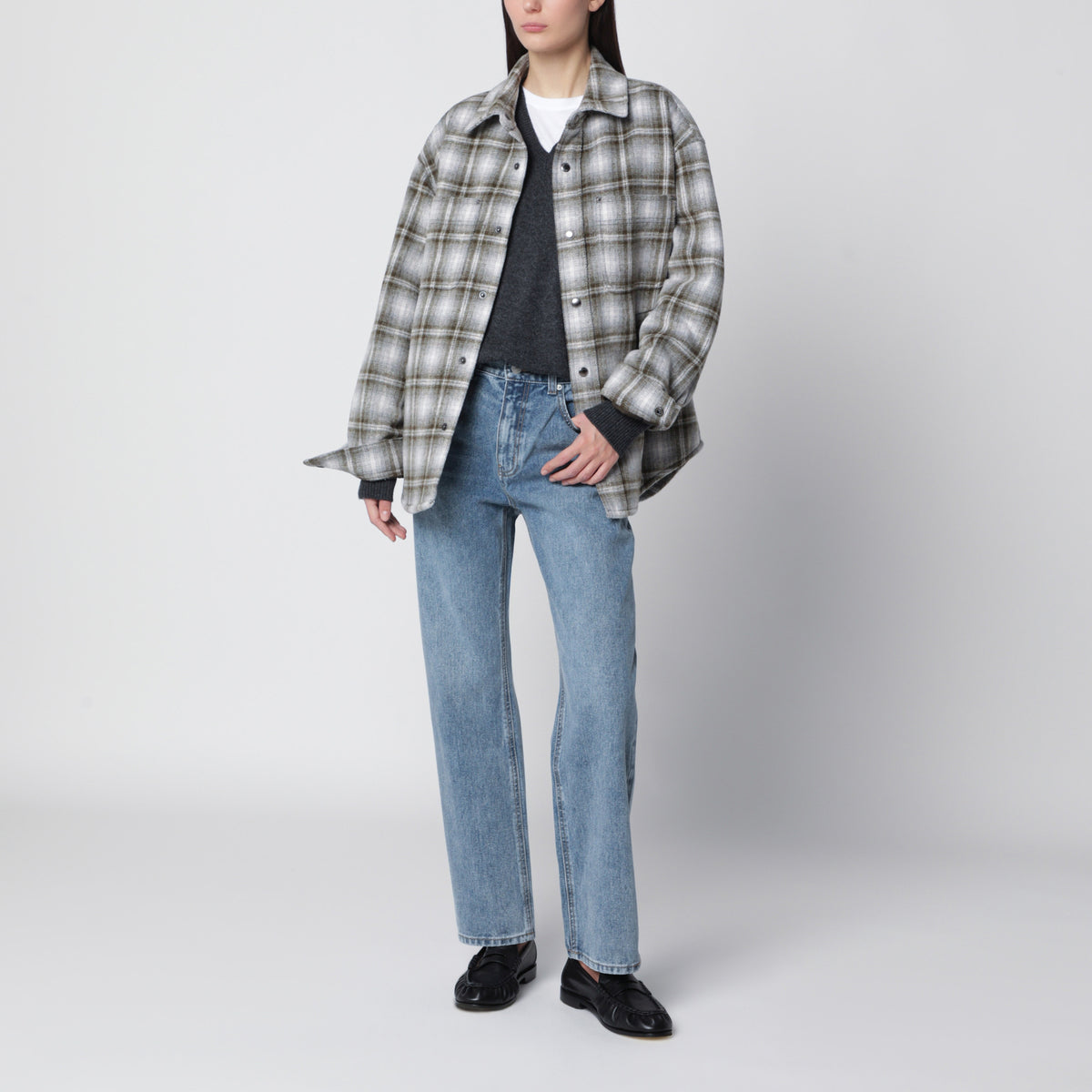 Giacca camicia in flanella trapuntata a quadri color kaki