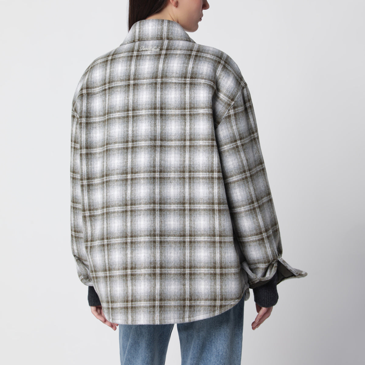 Giacca camicia in flanella trapuntata a quadri color kaki