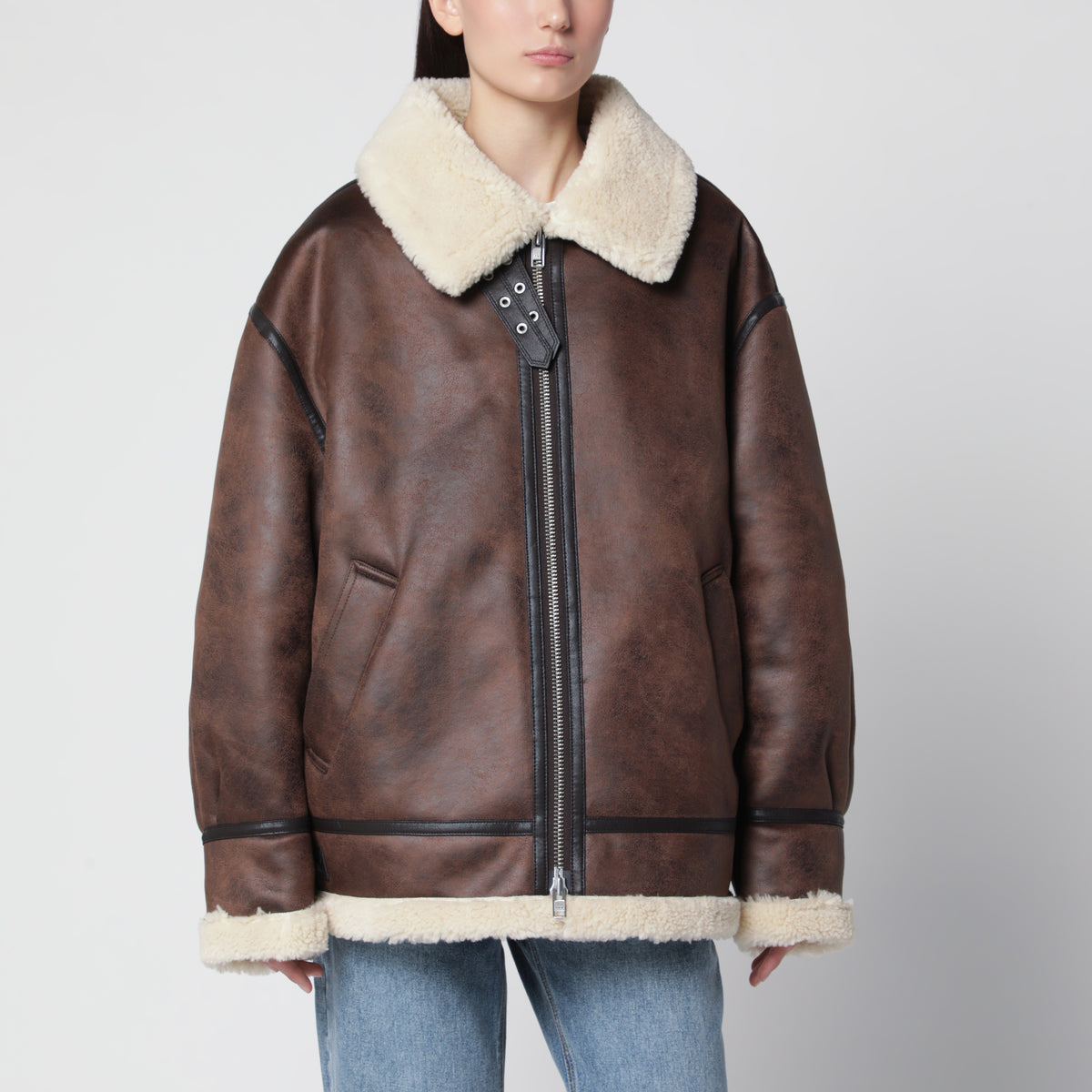 Brown reversible shearling-effect jacket
