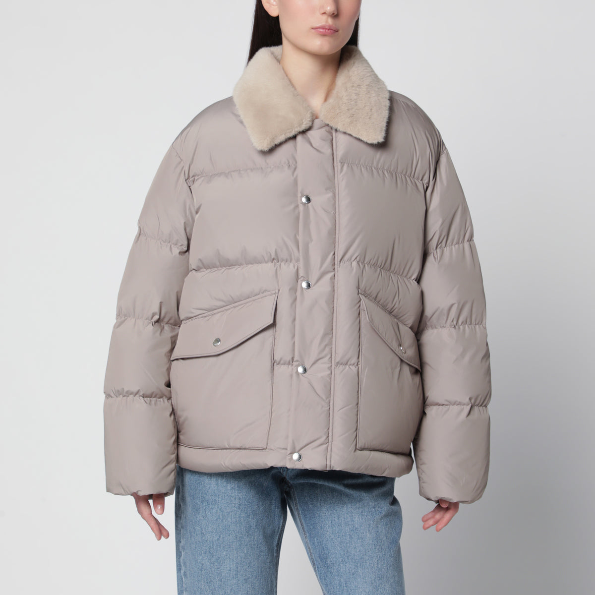 Beige gefütterte Flight Jacke mit Kunstpelzkragen