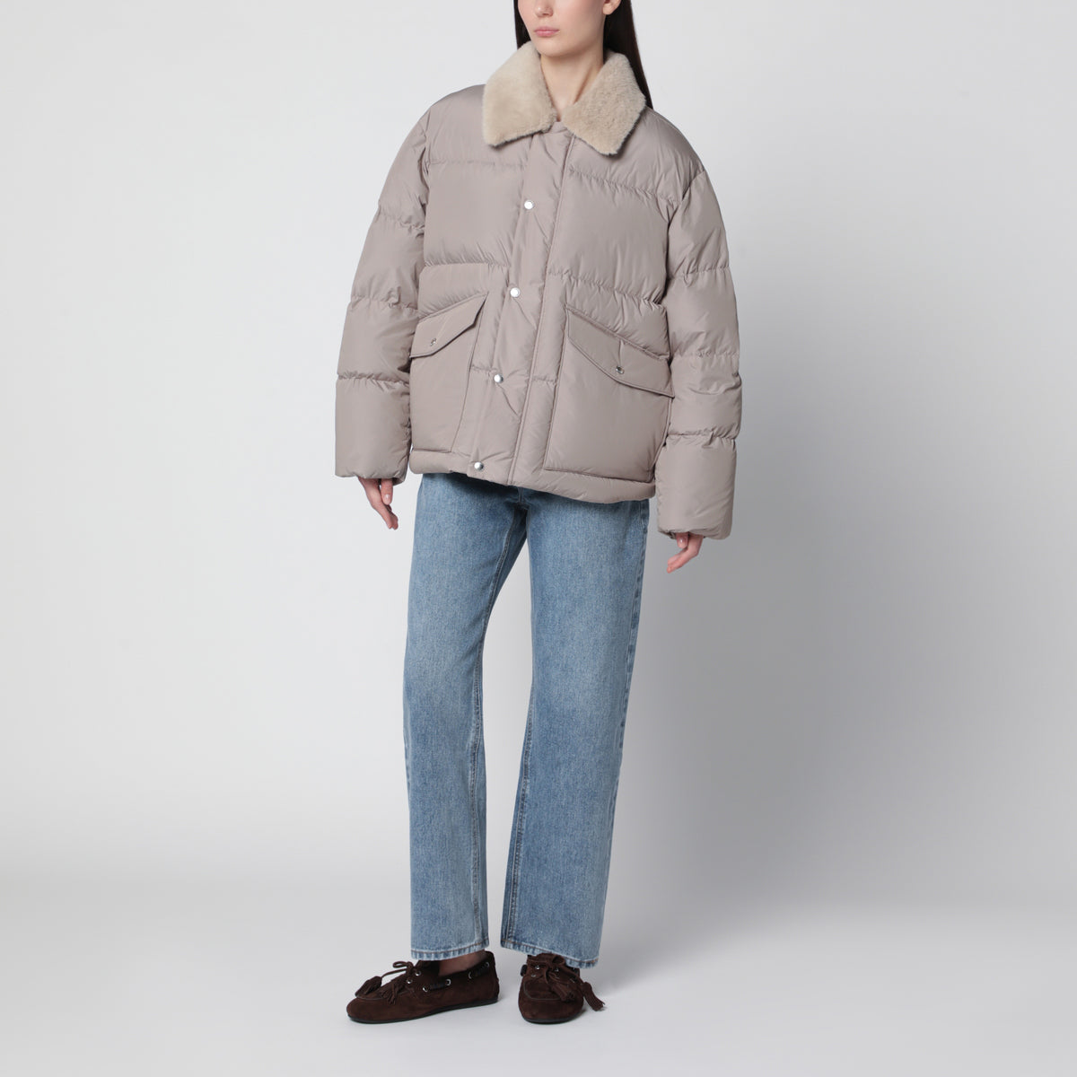 Beige gefütterte Flight Jacke mit Kunstpelzkragen