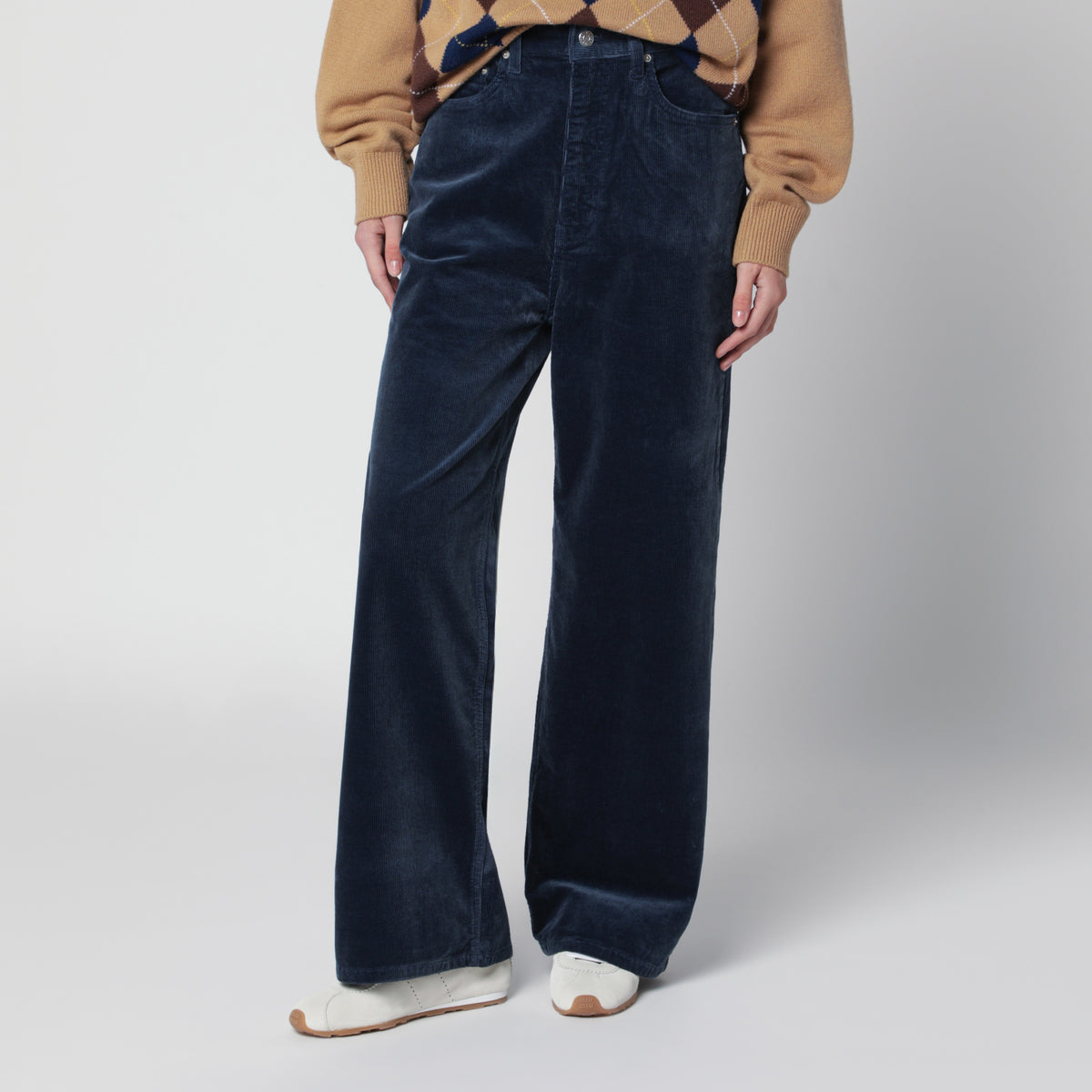 Wide-leg washed blue corduroy jeans